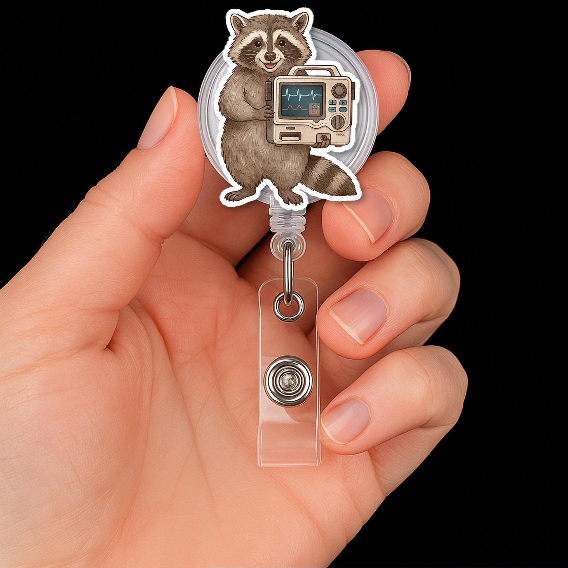 Defibrillator Raccoon Badge Reel – Cute ICU Nurse Gift, Cardiac RN Badge Holder, Medical ID Clip