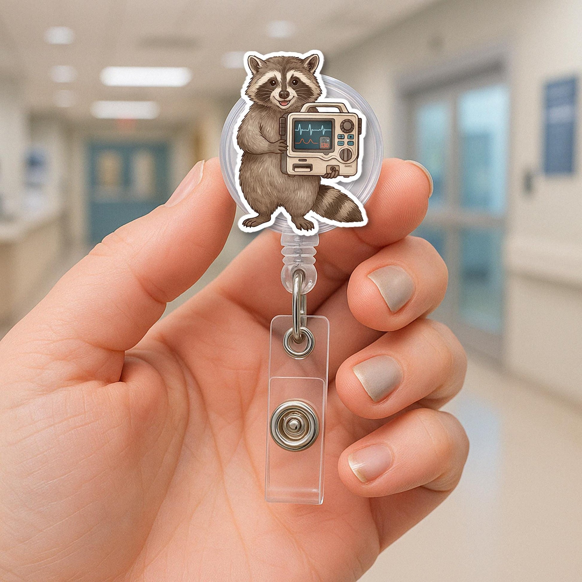Defibrillator Raccoon Badge Reel – Cute ICU Nurse Gift, Cardiac RN Badge Holder, Medical ID Clip