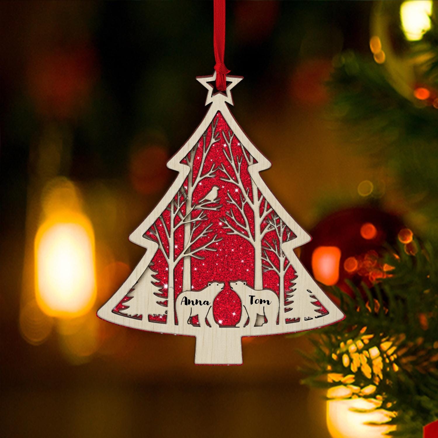 Personalized Bear Couple Christmas Ornament: Rustic Wooden Holiday Keepsake