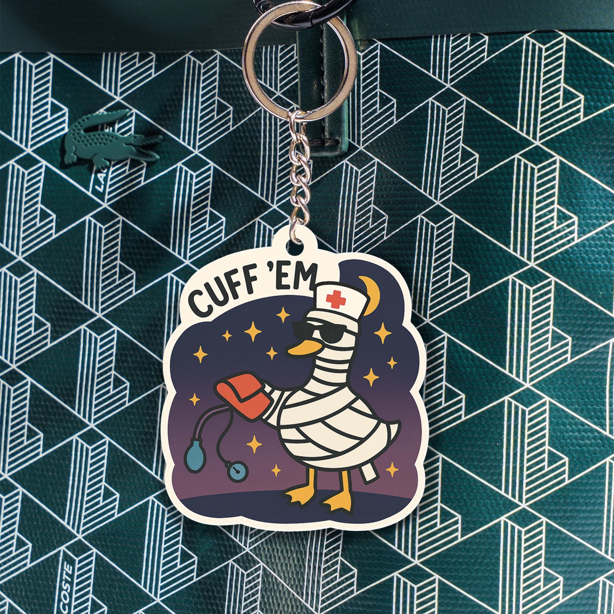 Funny Nurse Goose Keychain, Medical Cuff ’Em Keyring, Healthcare Gift, Nurse Appreciation, Cute Duck Charm, Doctor Bag Accessory