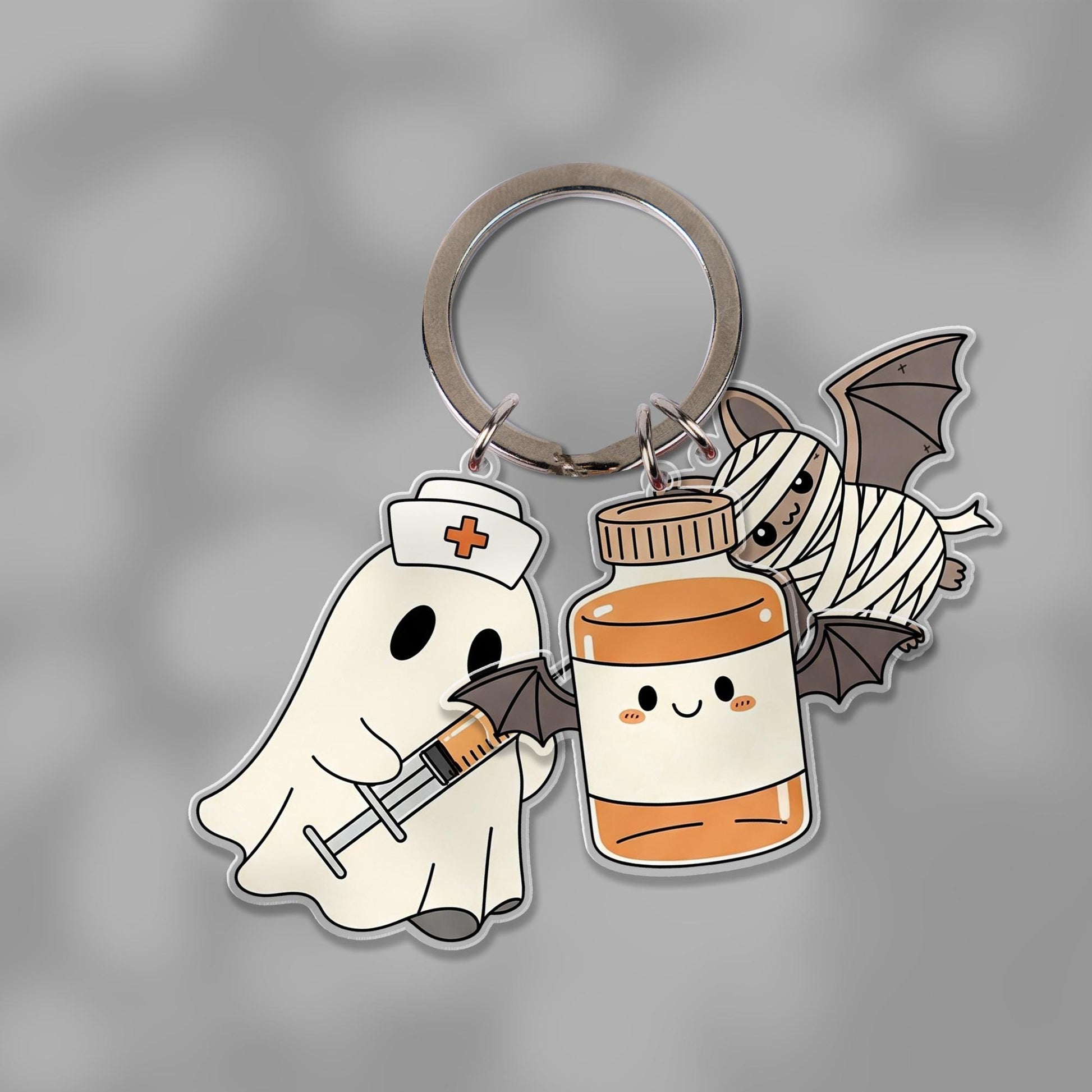 Halloween Ghost Nurse Keychain, Cute Bat Mummy Charm Keyring, Spooky Multi-Charm Accessory, Fall Gift for Nurses & Friends