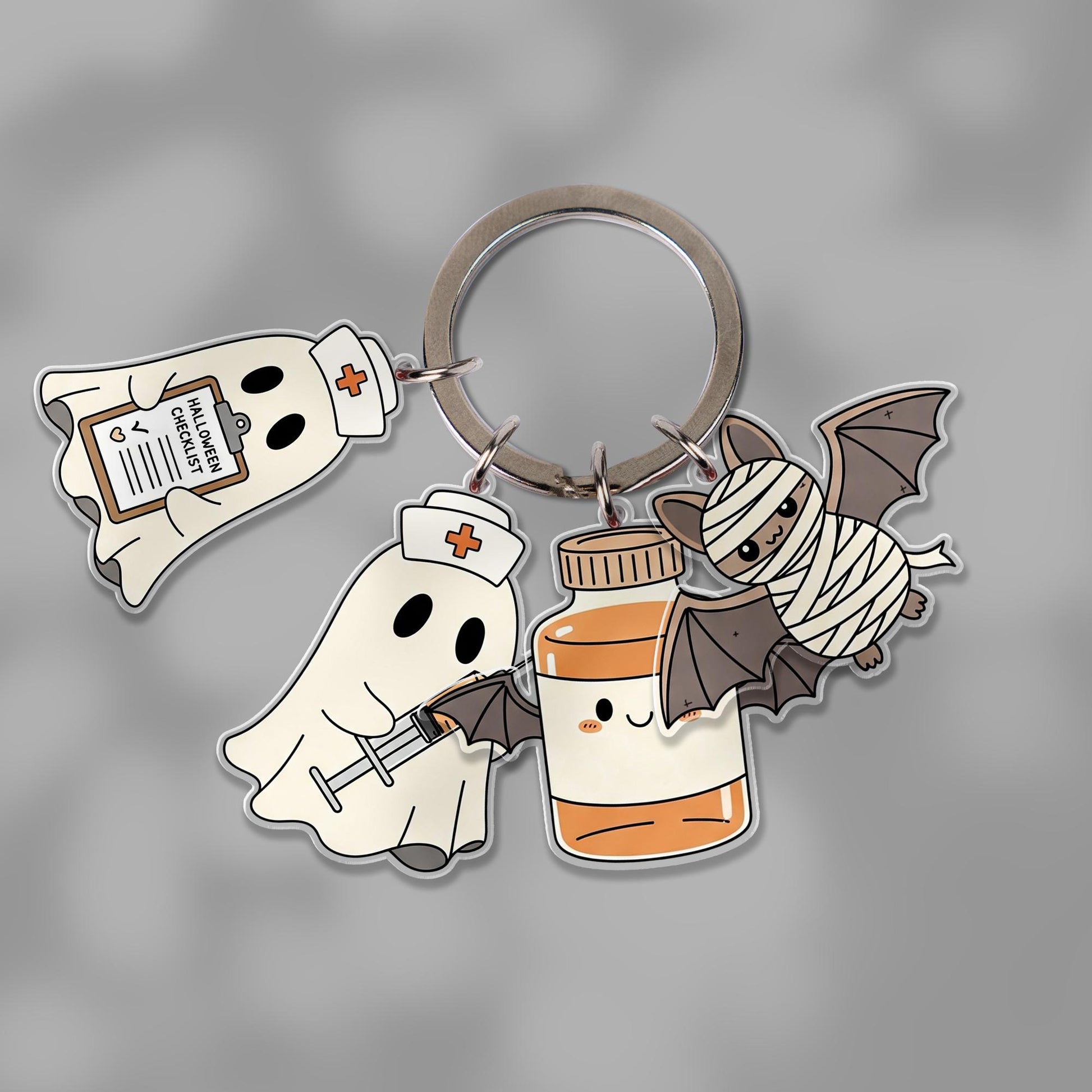Halloween Ghost Nurse Keychain, Cute Bat Mummy Charm Keyring, Spooky Multi-Charm Accessory, Fall Gift for Nurses & Friends