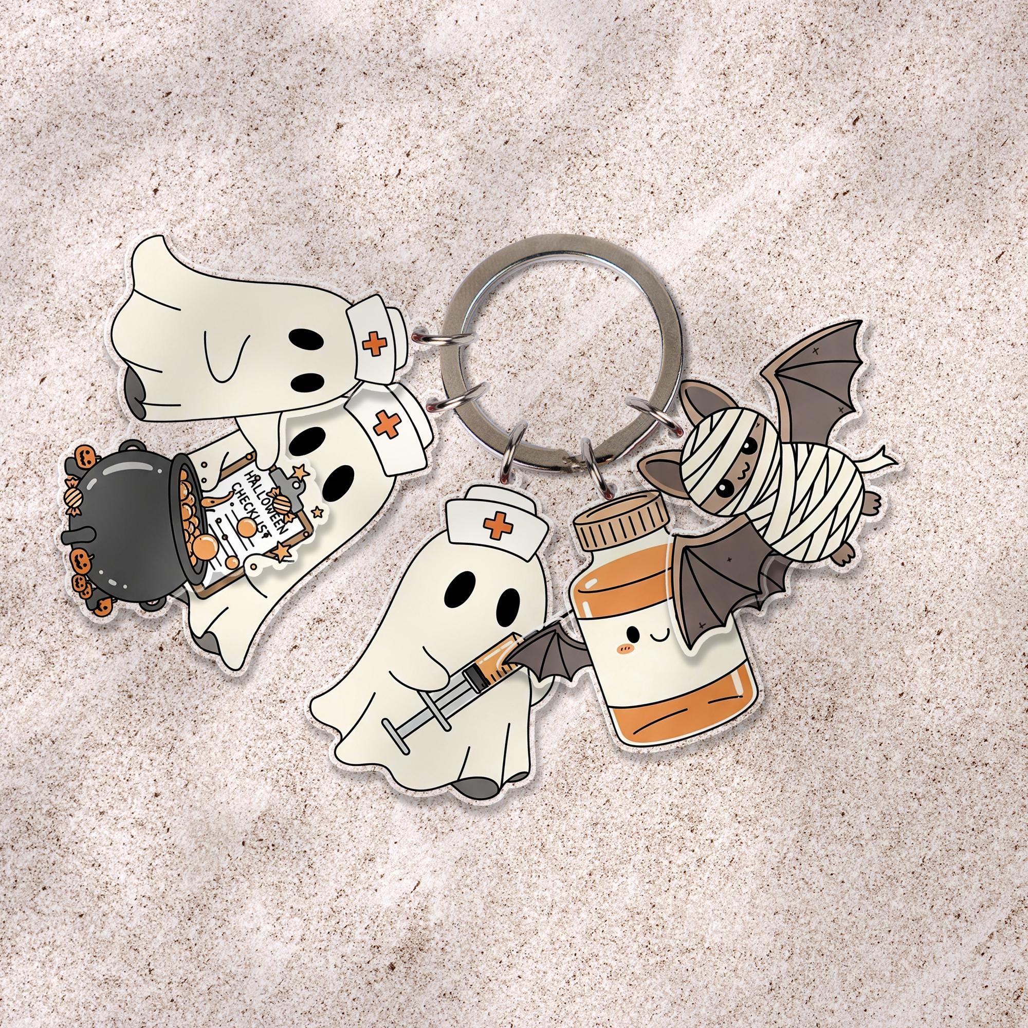 Halloween Ghost Nurse Keychain, Cute Bat Mummy Charm Keyring, Spooky Multi-Charm Accessory, Fall Gift for Nurses & Friends