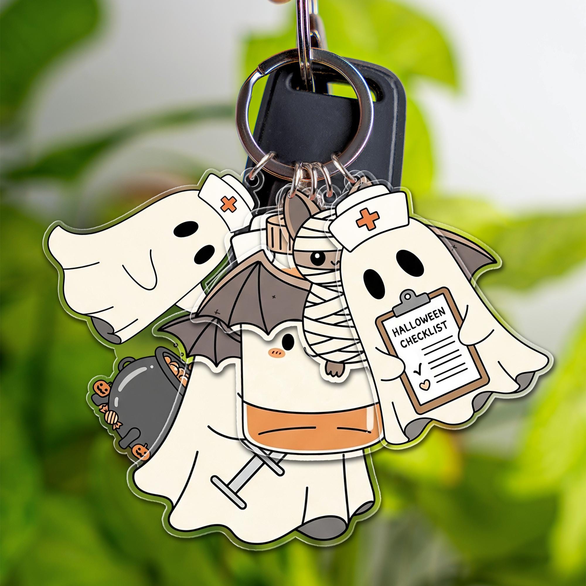 Halloween Ghost Nurse Keychain, Cute Bat Mummy Charm Keyring, Spooky Multi-Charm Accessory, Fall Gift for Nurses & Friends