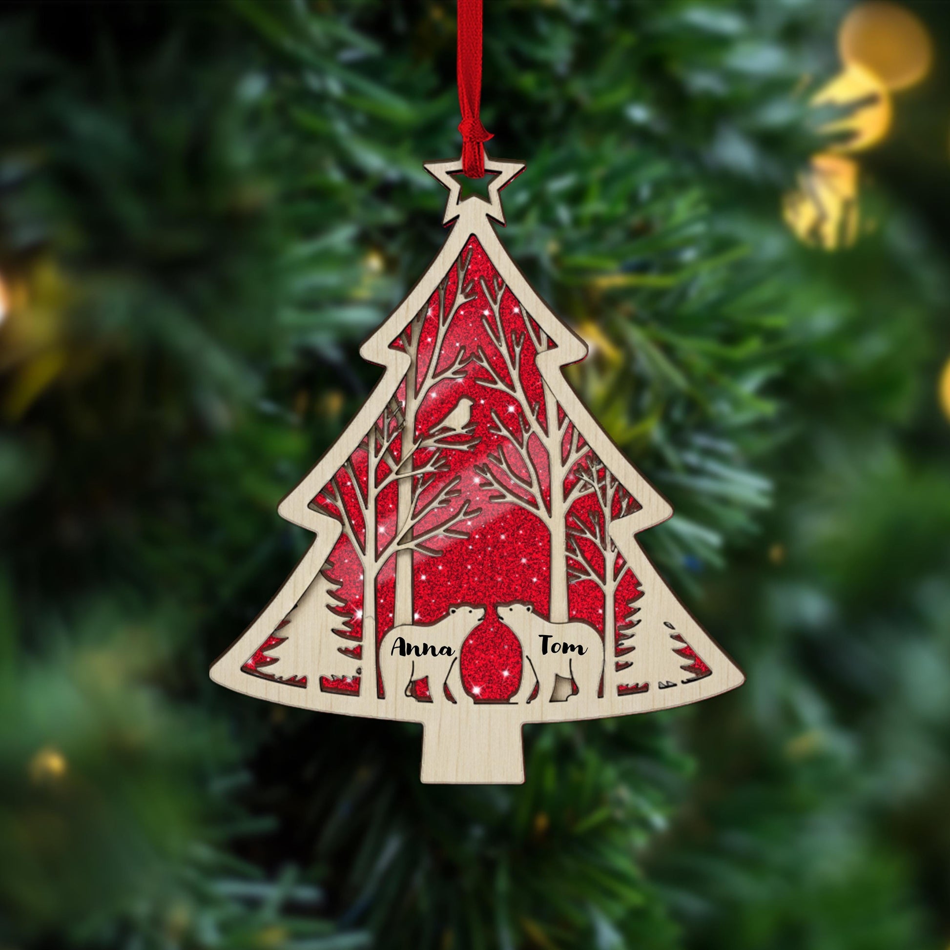 Personalized Bear Couple Christmas Ornament: Rustic Wooden Holiday Keepsake