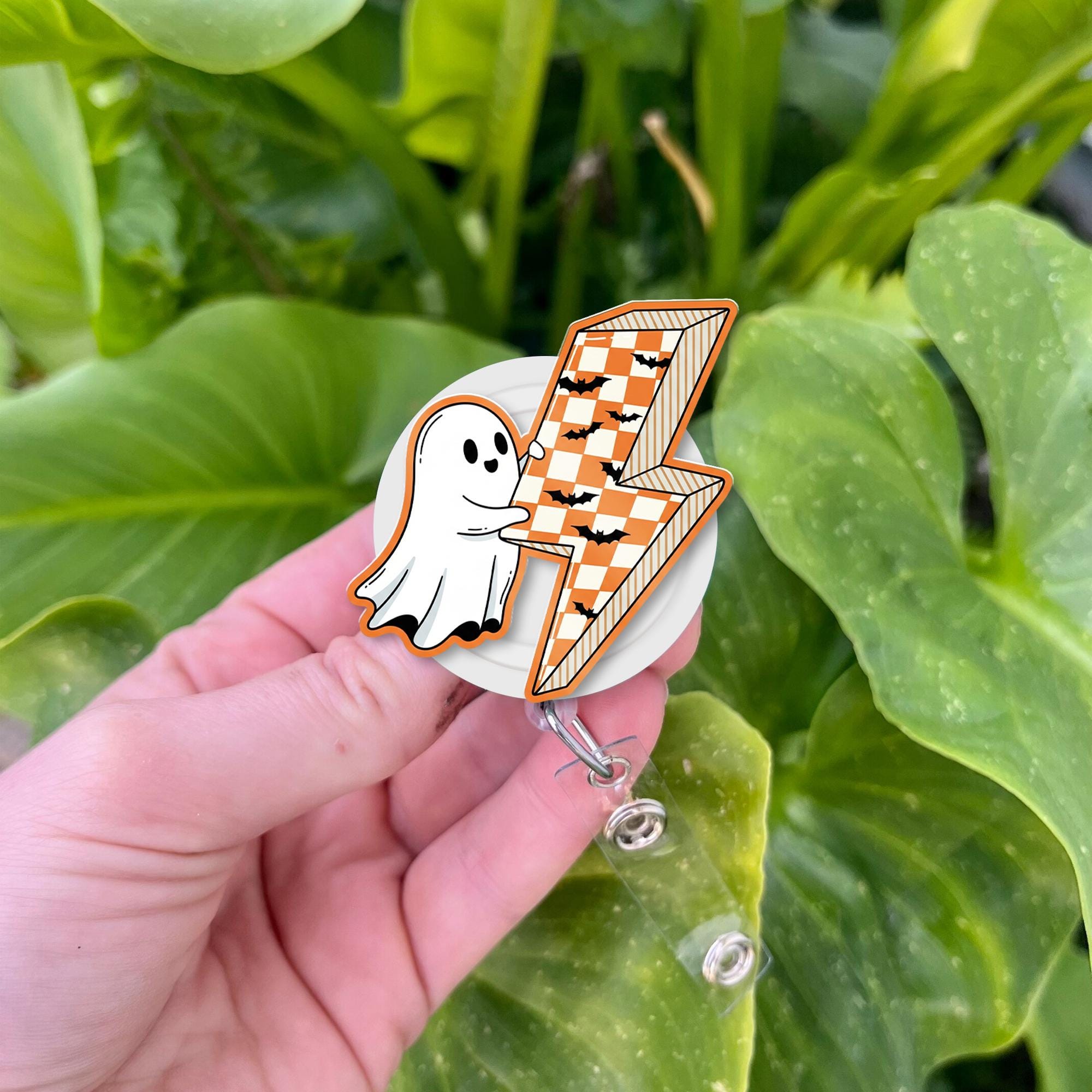 Halloween Ghost Badge Reel, Spooky Cute ID Holder, Nurse Badge Clip, Retractable Name Tag Reel, Lightning Bolt Work Accessory