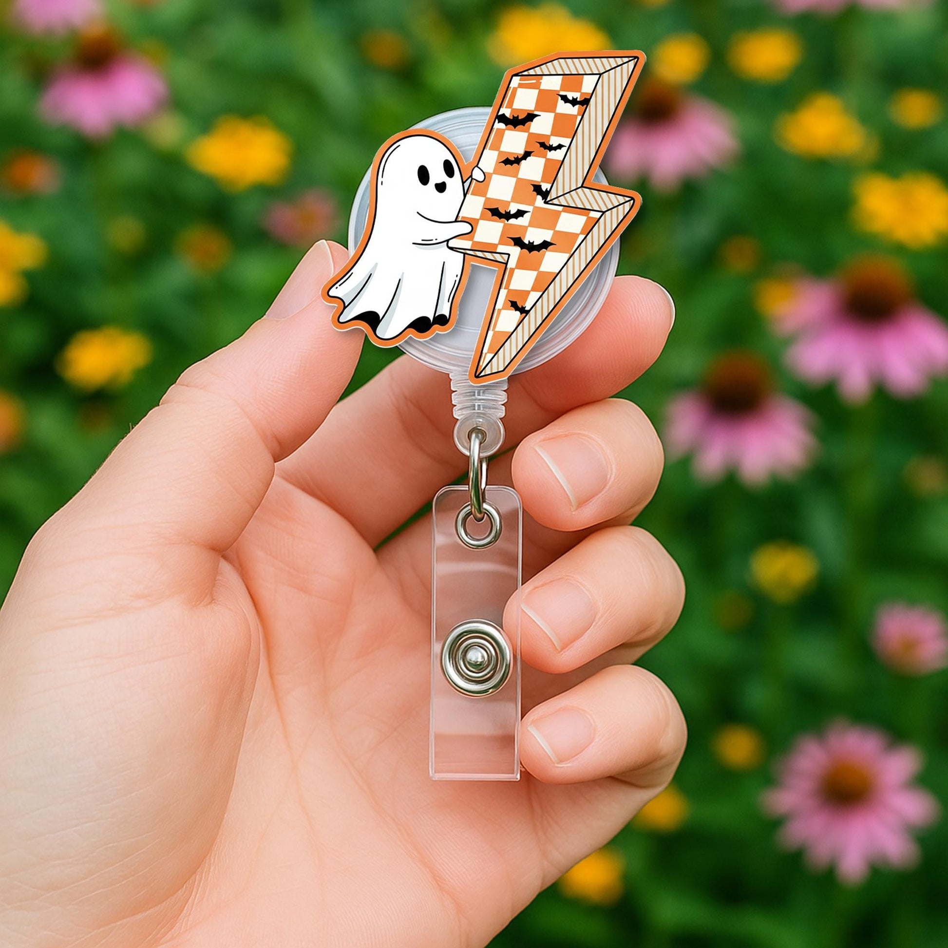 Halloween Ghost Badge Reel, Spooky Cute ID Holder, Nurse Badge Clip, Retractable Name Tag Reel, Lightning Bolt Work Accessory