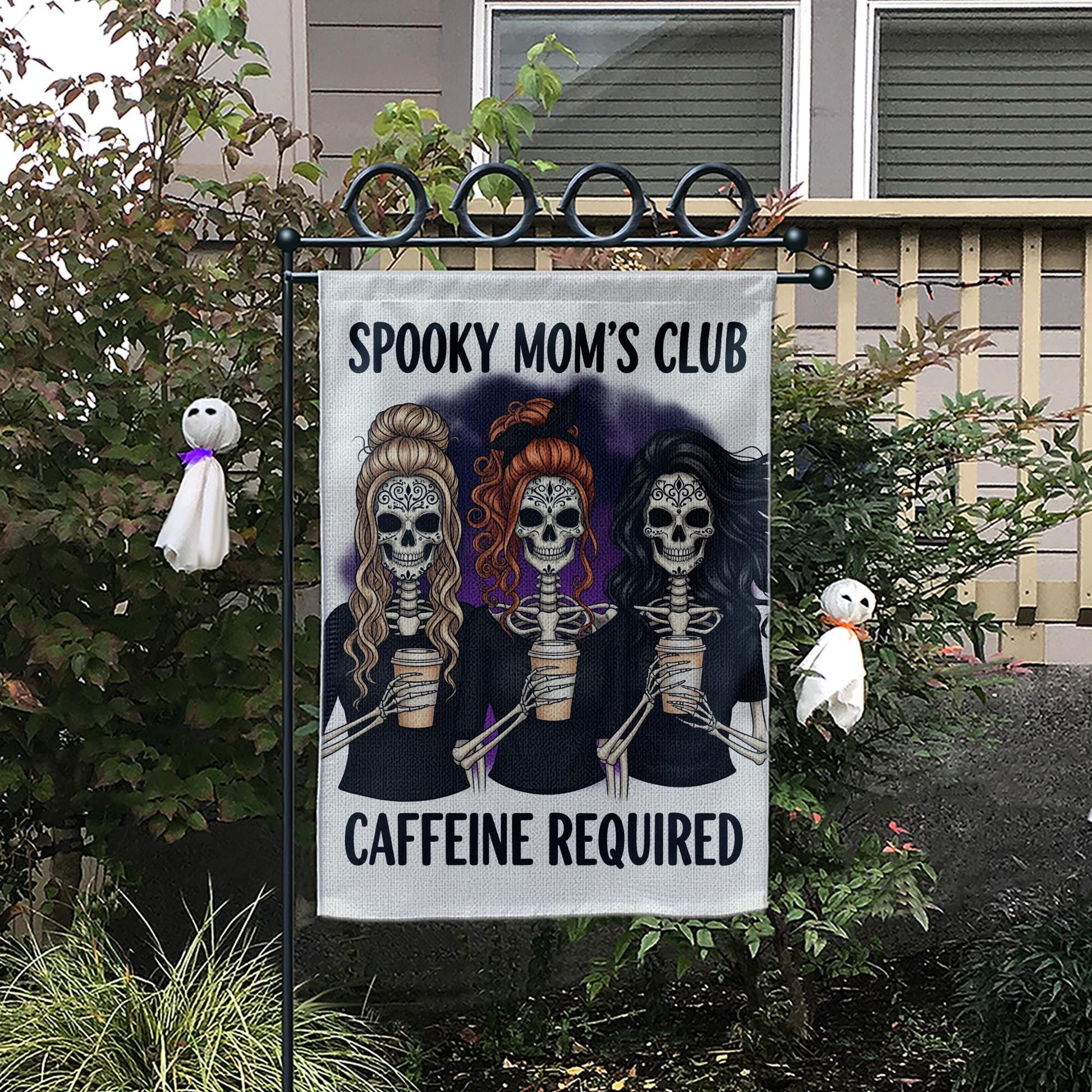 Spooky Mom’s Club Garden Flag, Halloween Skeleton Mom Decor, Funny Caffeine Required Yard Sign, Fall Coffee Lover Outdoor Flag