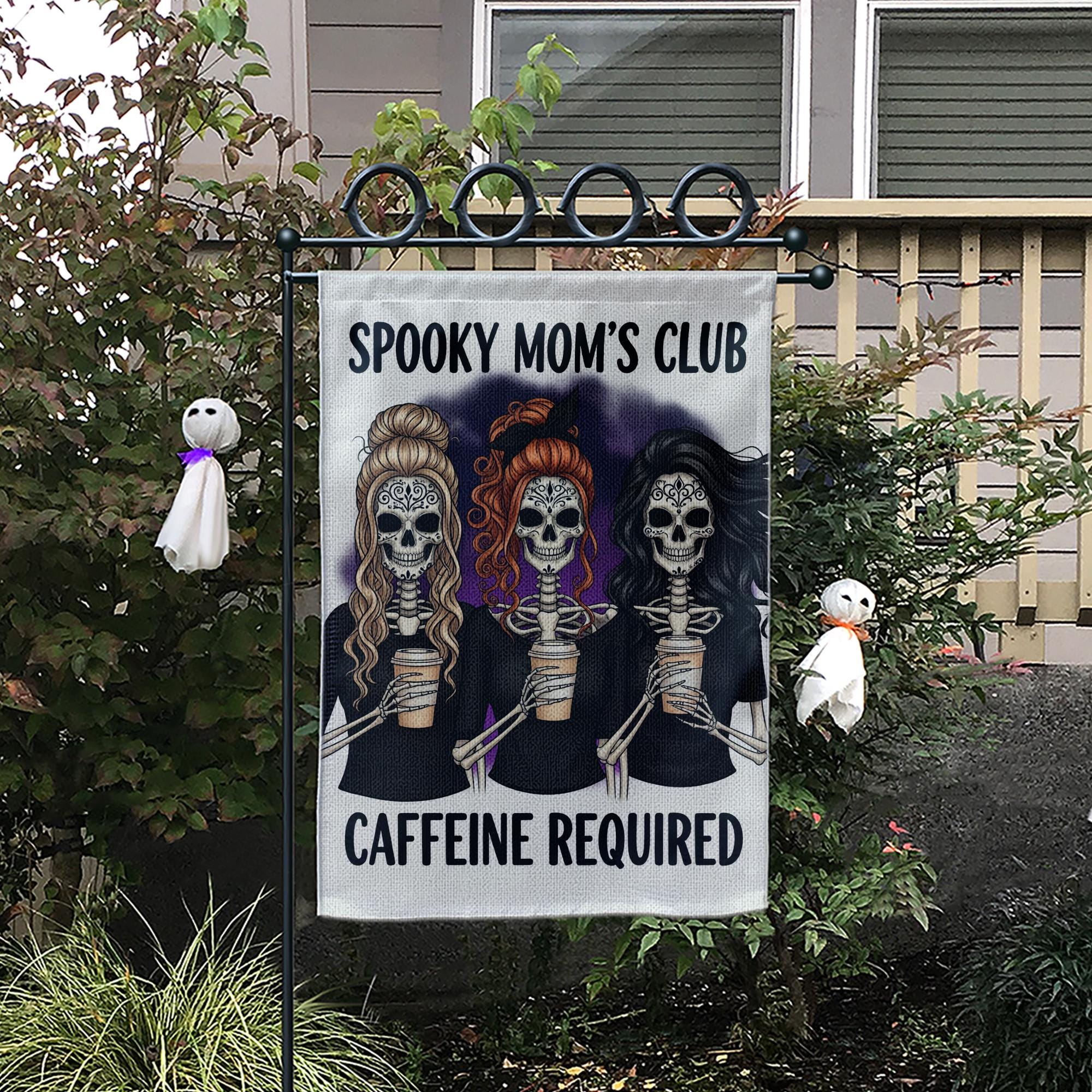 Spooky Mom’s Club Garden Flag, Halloween Skeleton Mom Decor, Funny Caffeine Required Yard Sign, Fall Coffee Lover Outdoor Flag