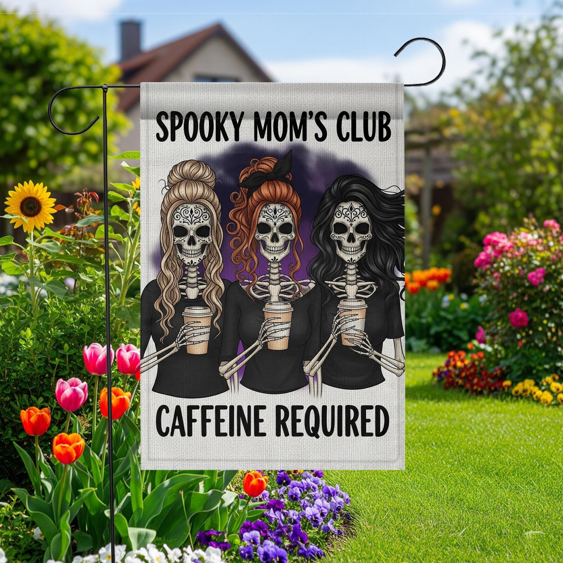 Spooky Mom’s Club Garden Flag, Halloween Skeleton Mom Decor, Funny Caffeine Required Yard Sign, Fall Coffee Lover Outdoor Flag