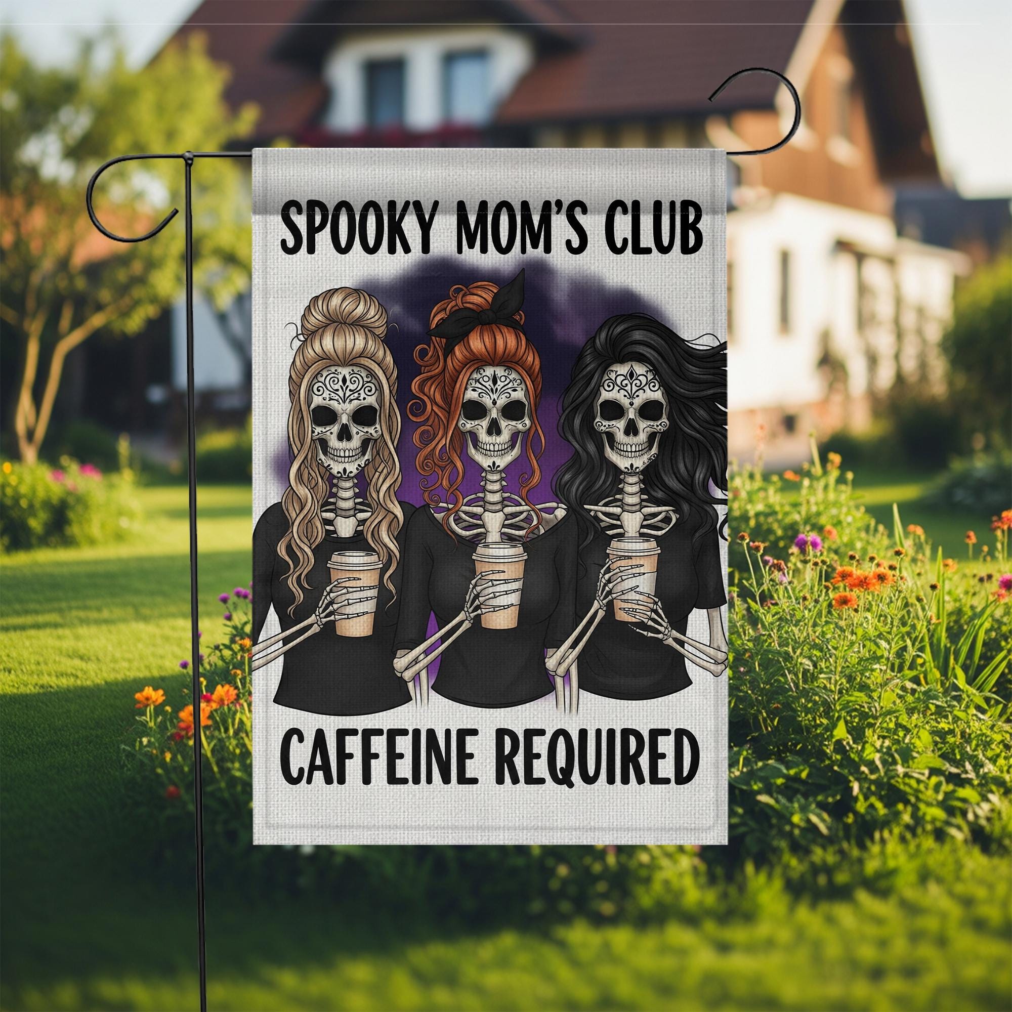 Spooky Mom’s Club Garden Flag, Halloween Skeleton Mom Decor, Funny Caffeine Required Yard Sign, Fall Coffee Lover Outdoor Flag