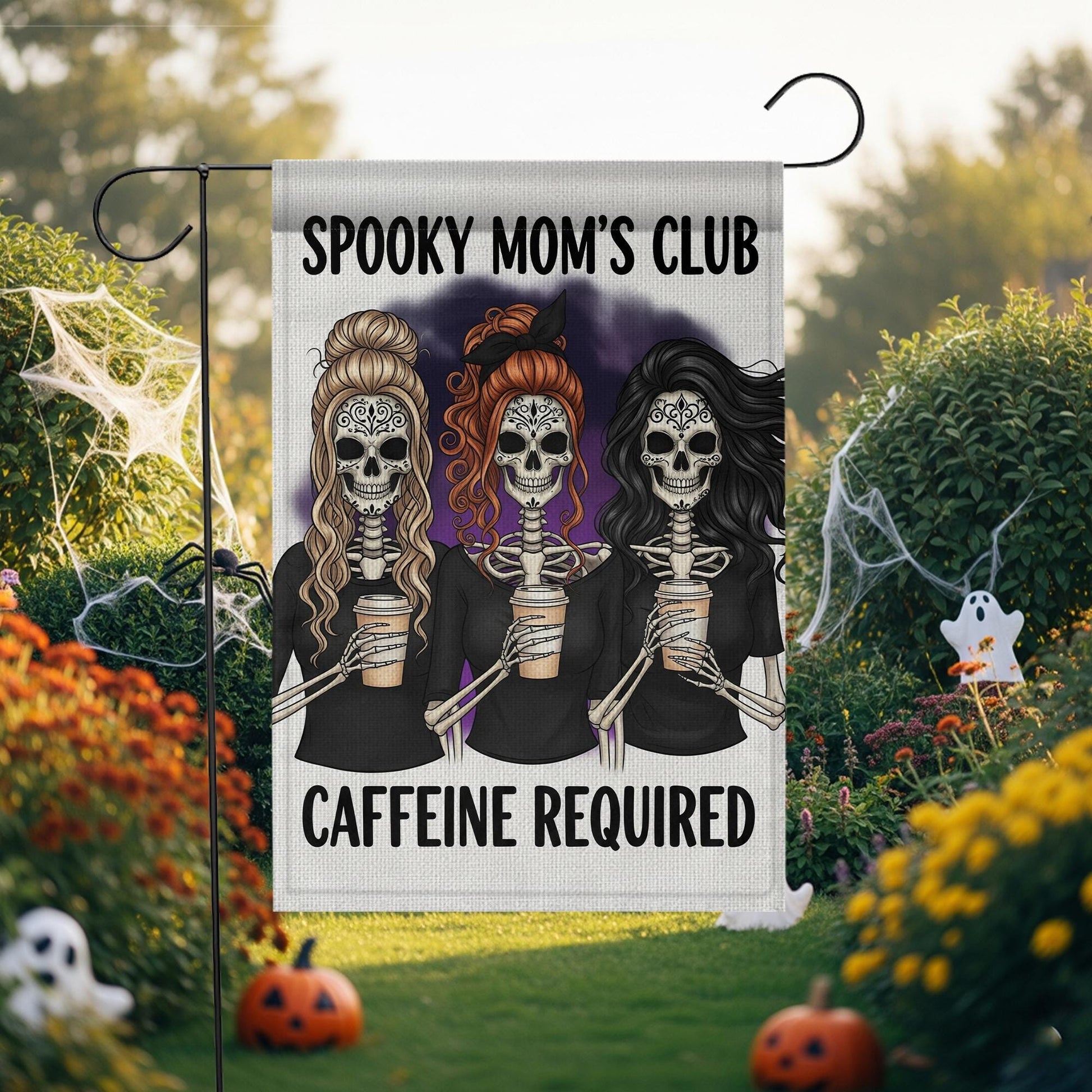 Spooky Mom’s Club Garden Flag, Halloween Skeleton Mom Decor, Funny Caffeine Required Yard Sign, Fall Coffee Lover Outdoor Flag