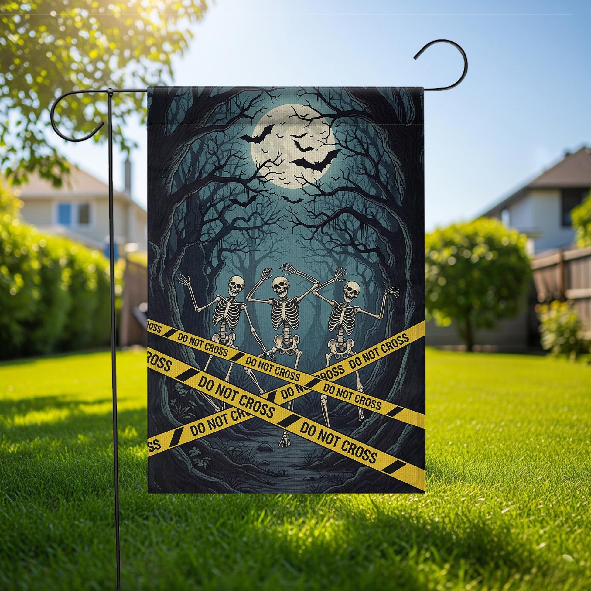 Halloween Skeleton Garden Flag, Spooky Do Not Cross Yard Decor, Haunted House Outdoor Decoration, Scary Moonlit Cemetery Flag