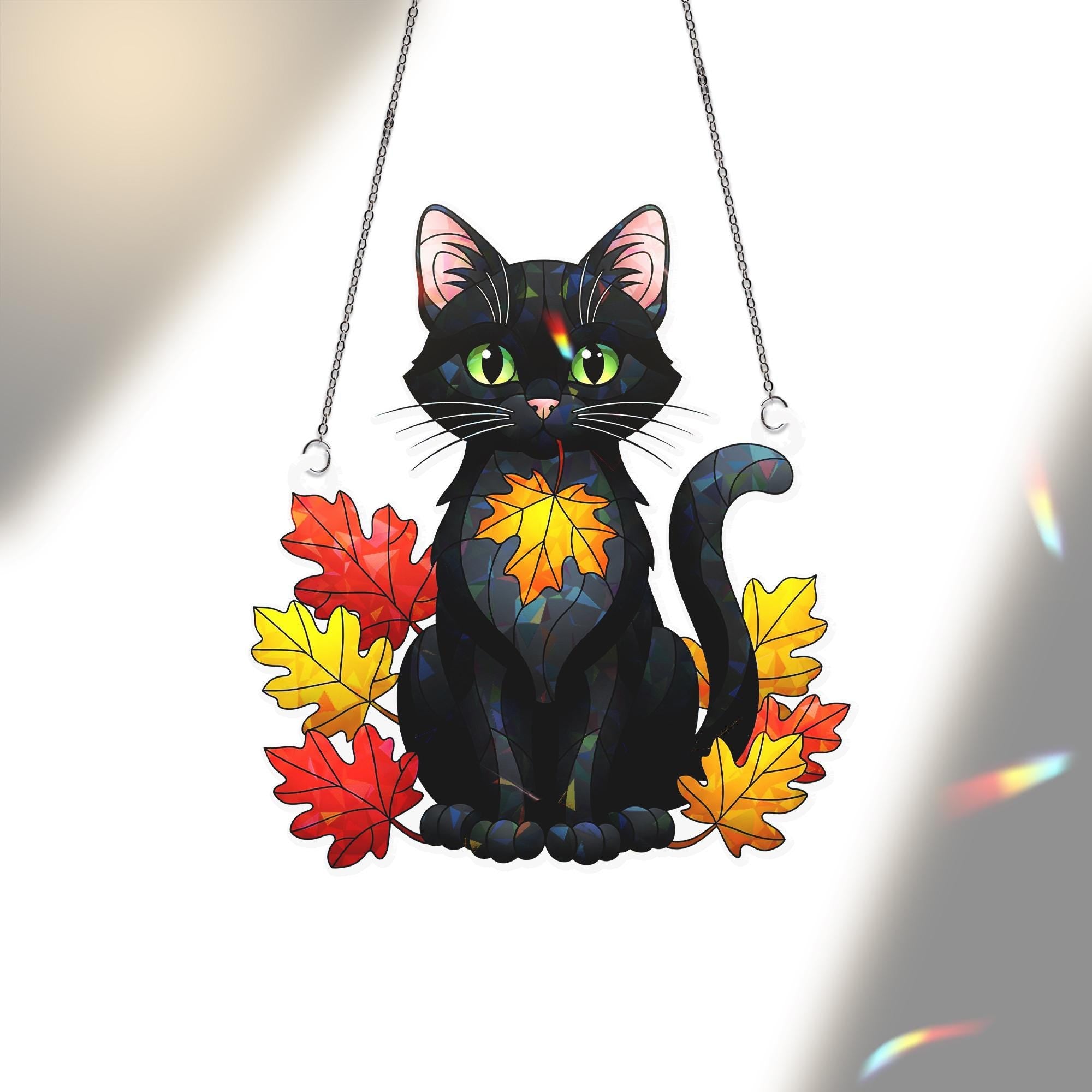 Black Cat Fall Window Hanging: Autumn Hologram Acrylic Suncatcher