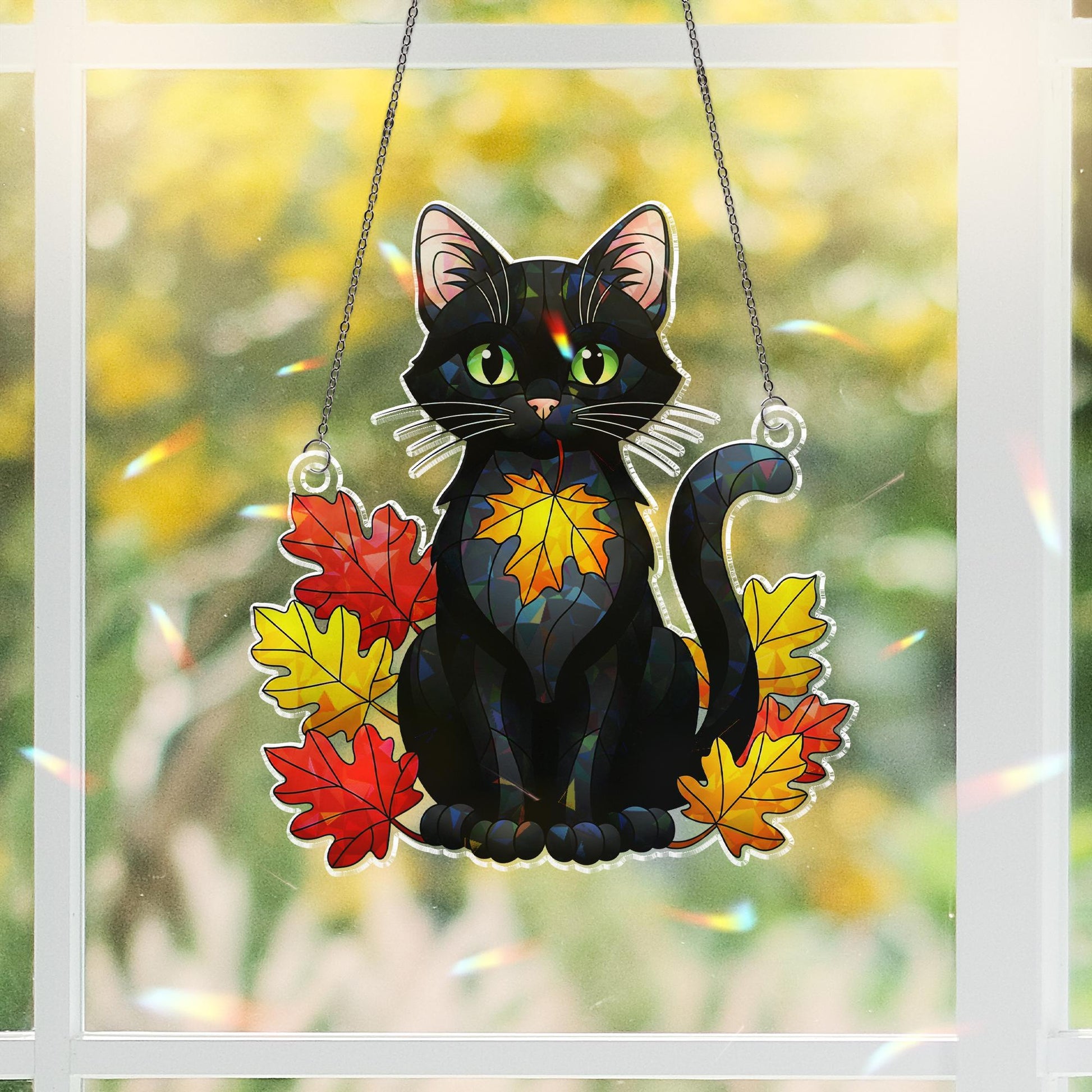 Black Cat Fall Window Hanging: Autumn Hologram Acrylic Suncatcher