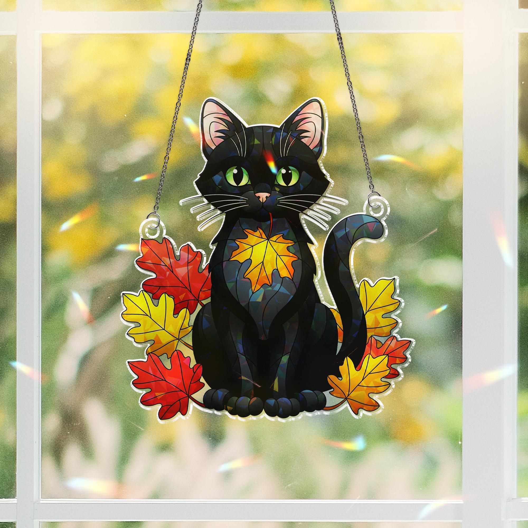 Black Cat Fall Window Hanging: Autumn Hologram Acrylic Suncatcher