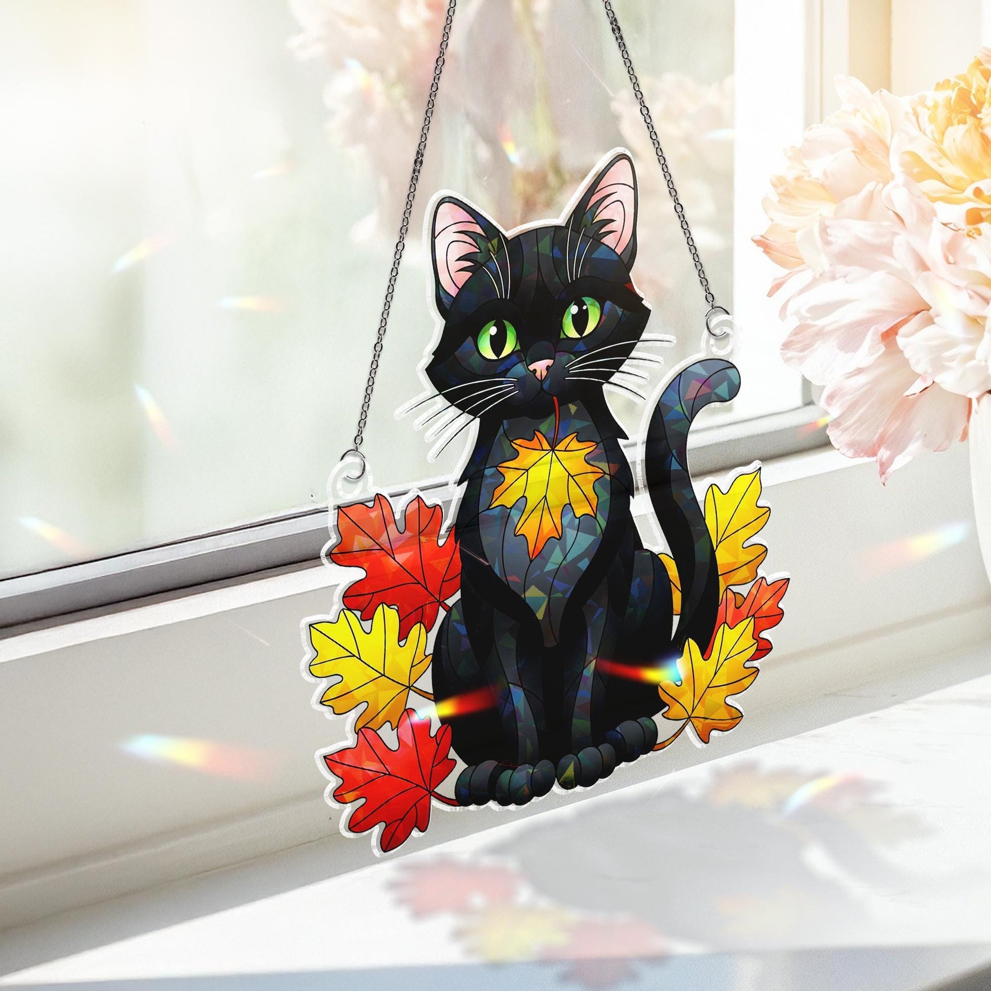 Black Cat Fall Window Hanging: Autumn Hologram Acrylic Suncatcher