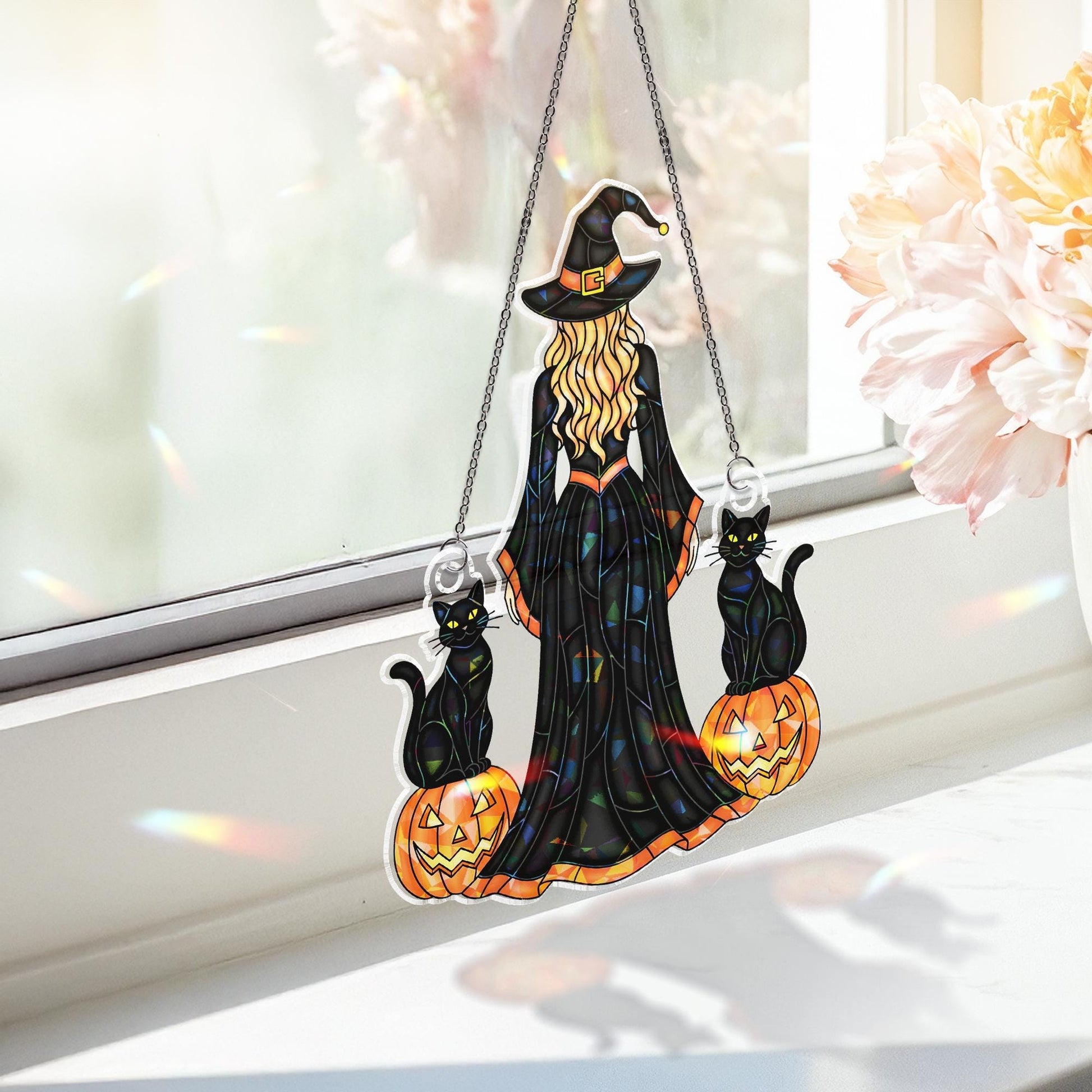 Witch Halloween Window Hanging: Acrylic Pumpkin Witch Hologram Suncatcher