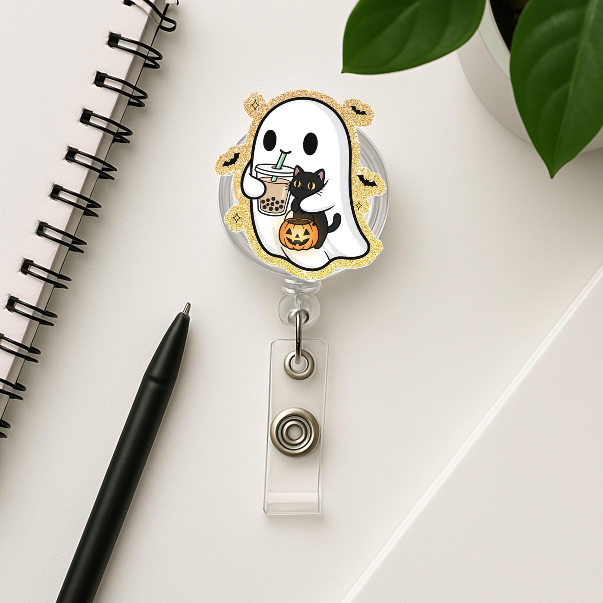 Halloween Ghost Badge Reel: Spooky Black Cat ID Holder