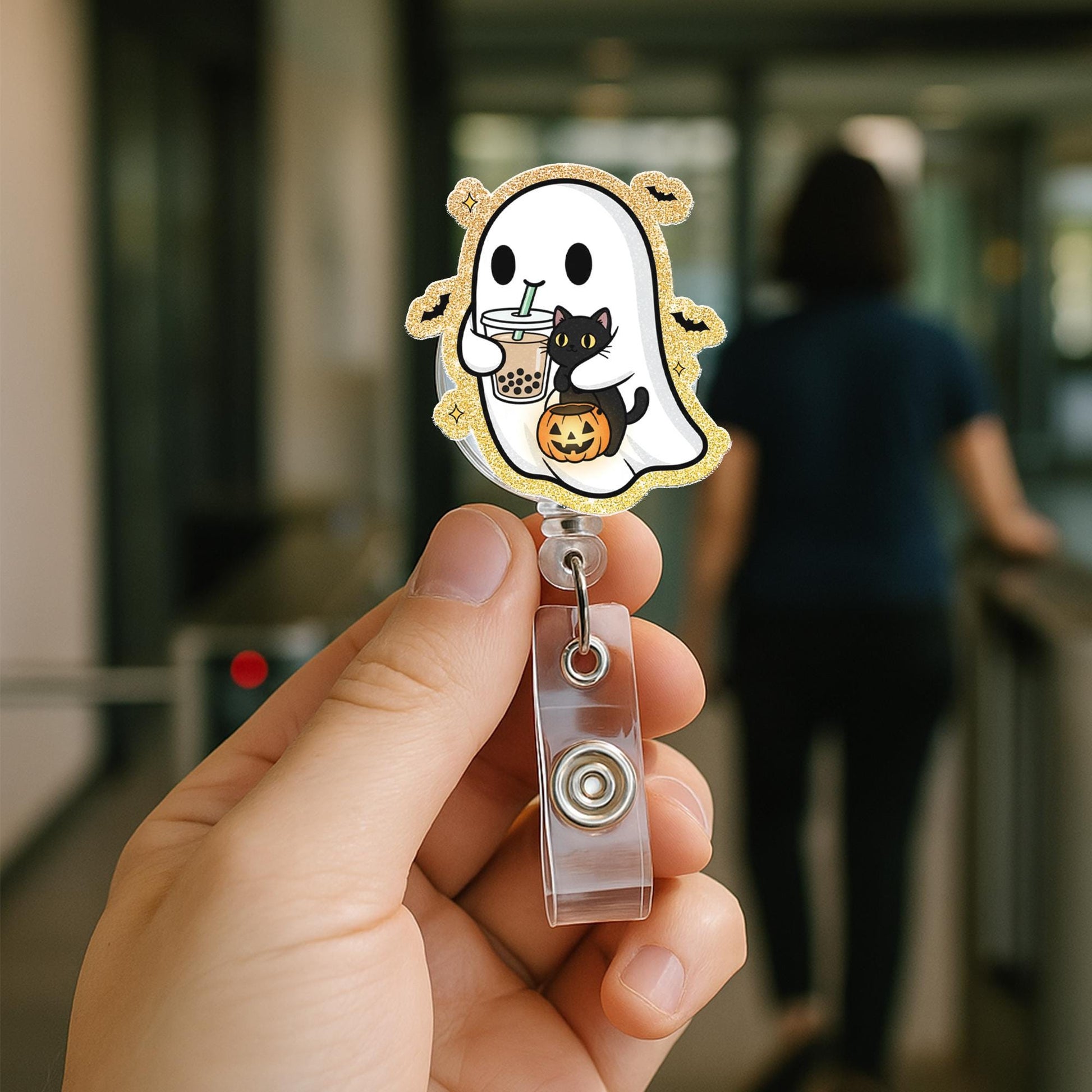 Halloween Ghost Badge Reel: Spooky Black Cat ID Holder