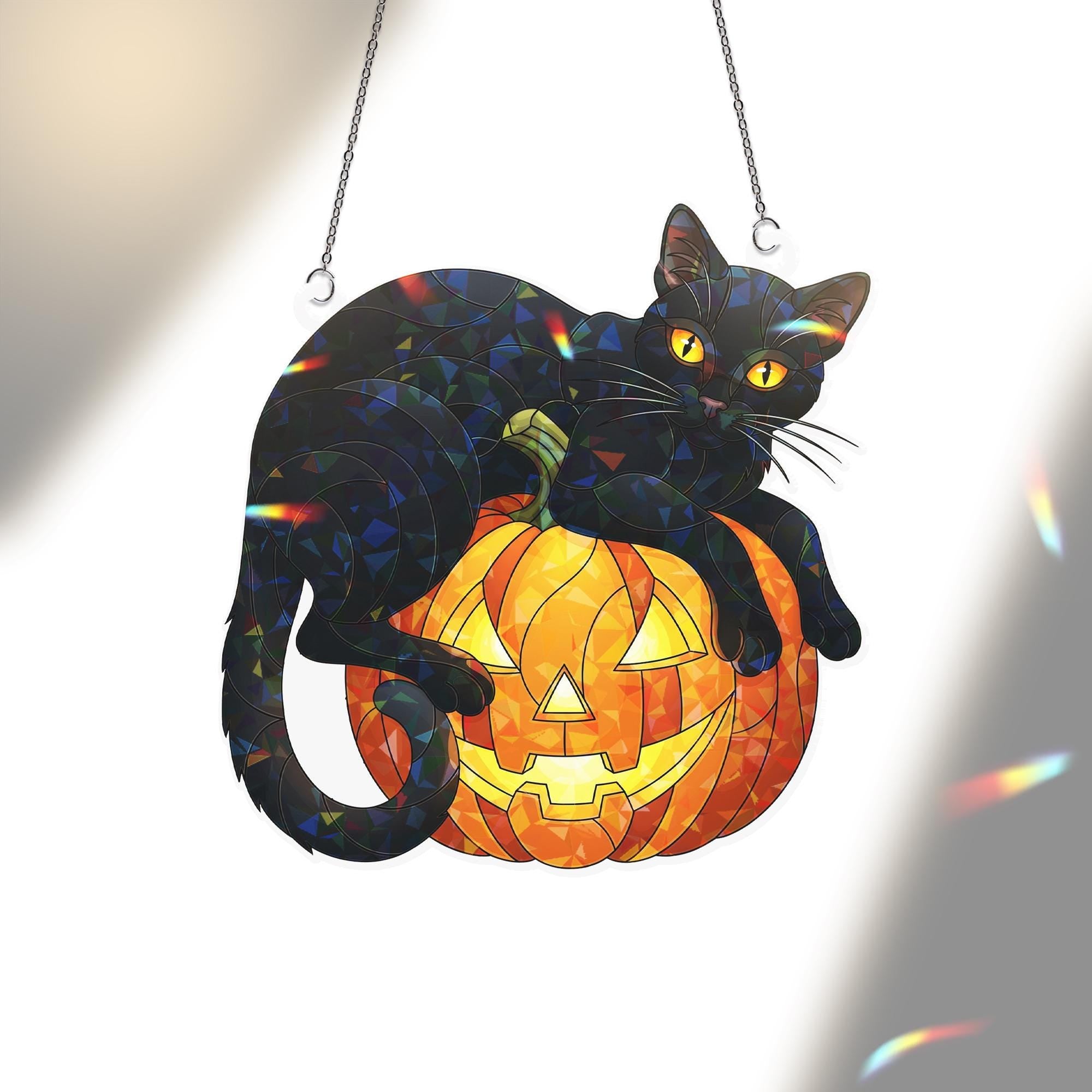 Black Cat Pumpkin Hologram Window Hanging : Halloween Acrylic Sun Catcher