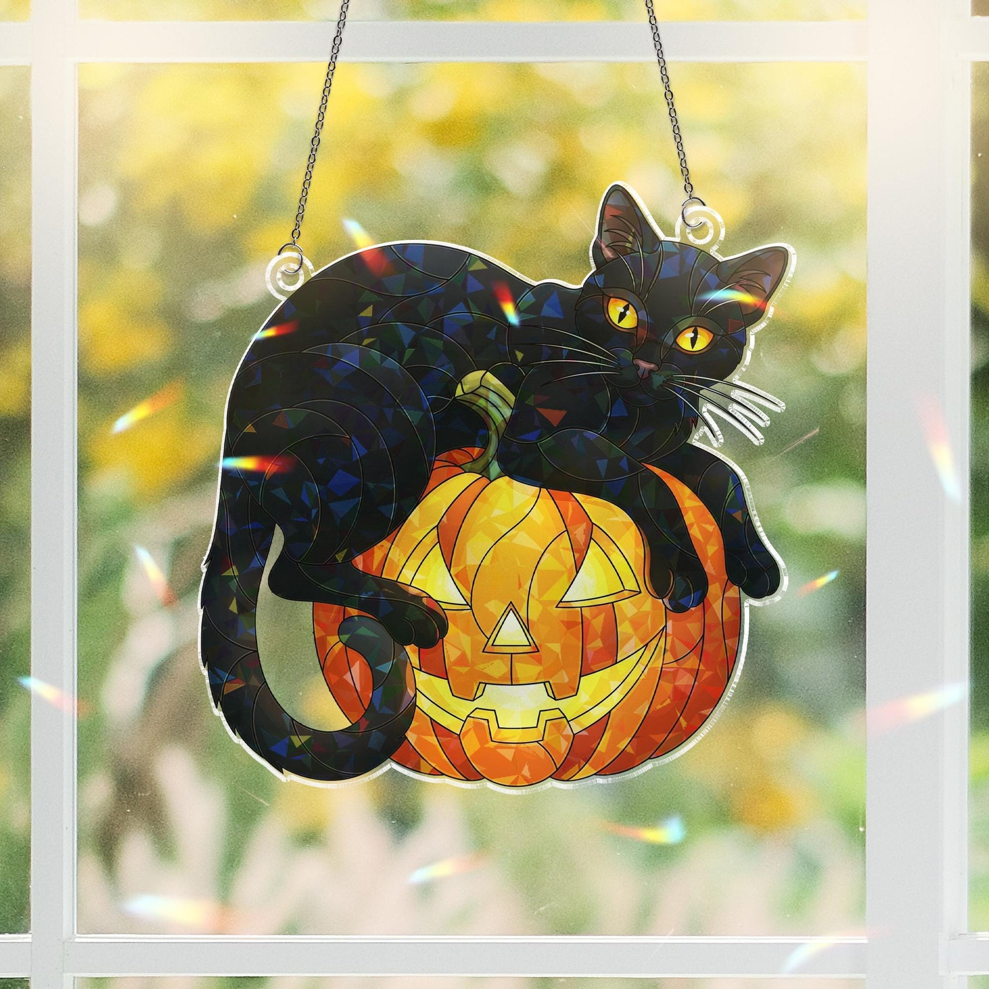 Black Cat Pumpkin Hologram Window Hanging : Halloween Acrylic Sun Catcher
