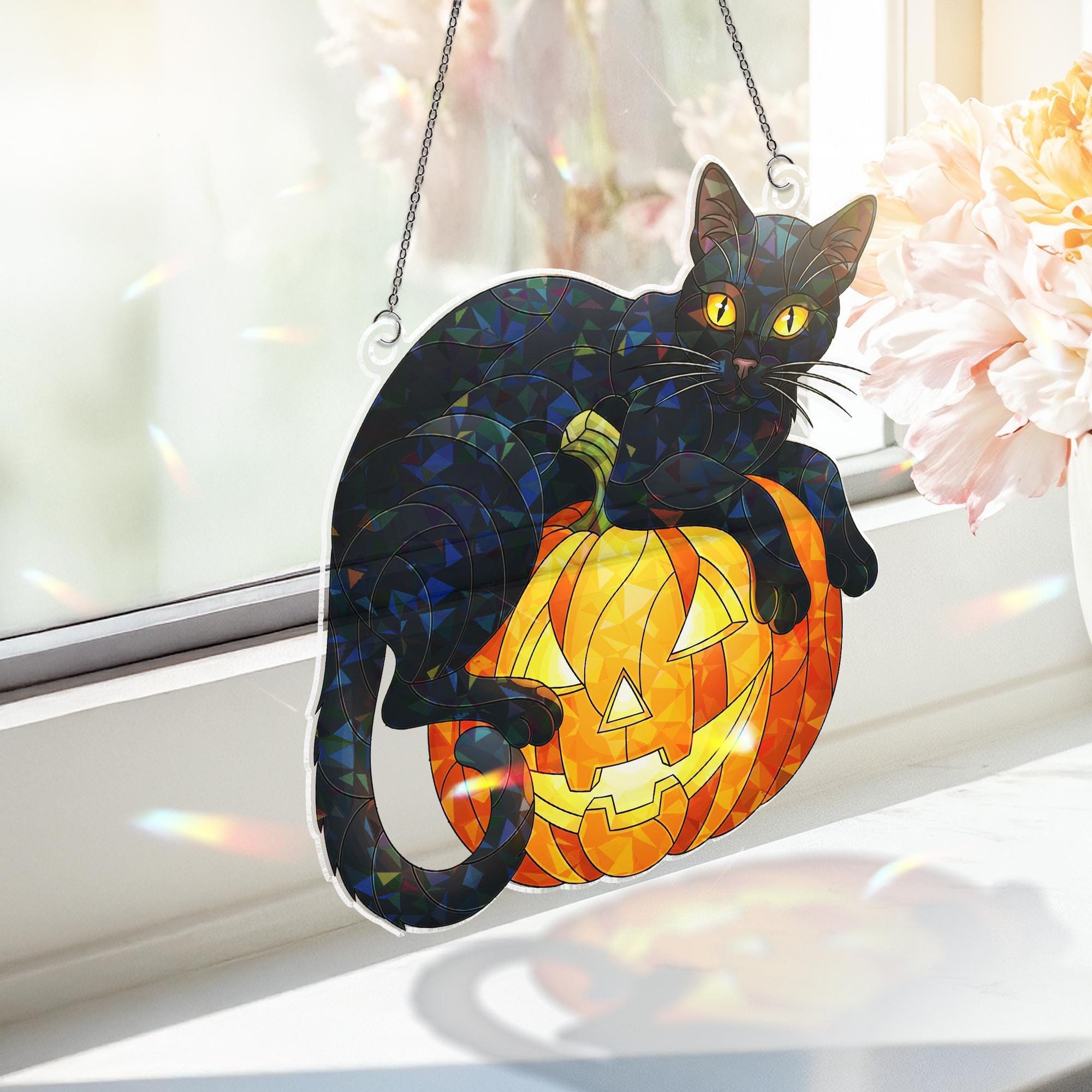 Black Cat Pumpkin Hologram Window Hanging : Halloween Acrylic Sun Catcher