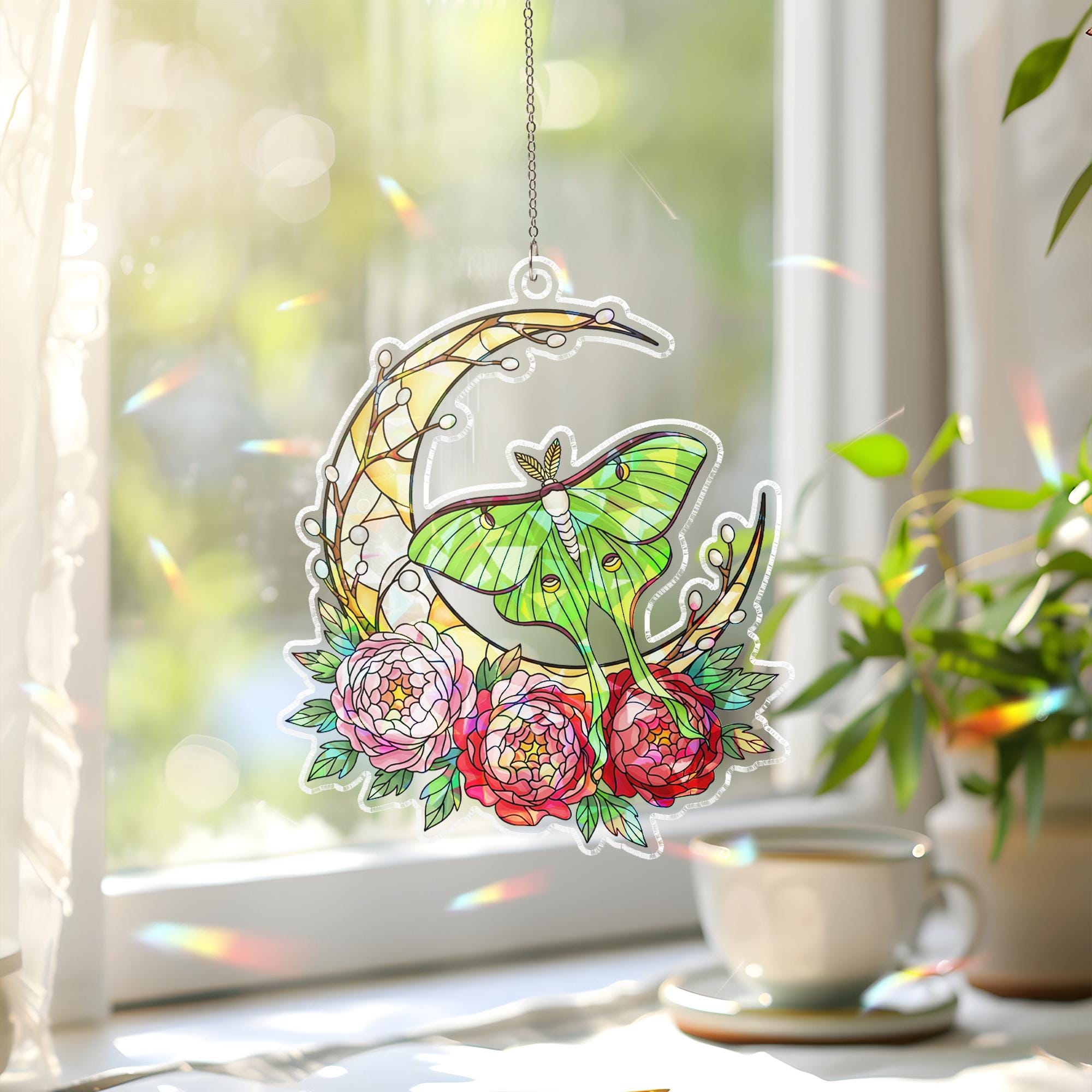 Holographic Luna Moth Suncatcher: Boho Stained Glass Style Window Hanging