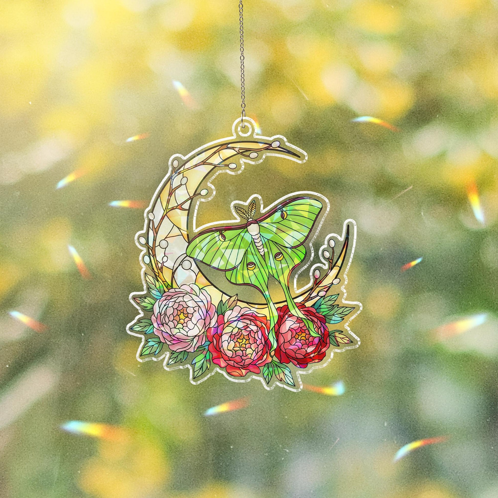 Holographic Luna Moth Suncatcher: Boho Stained Glass Style Window Hanging