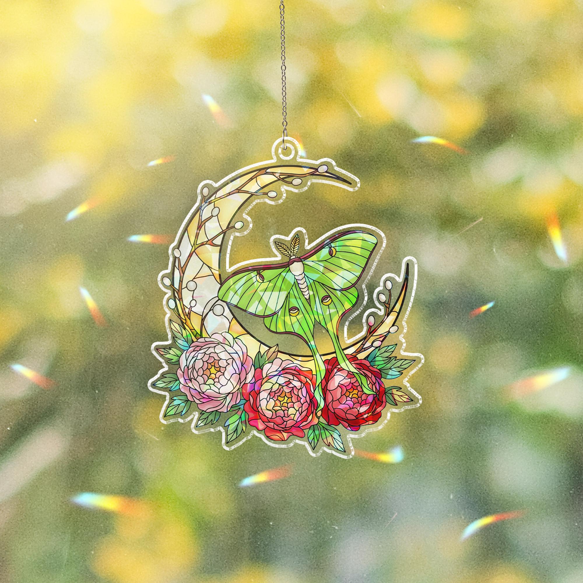 Holographic Luna Moth Suncatcher: Boho Stained Glass Style Window Hanging