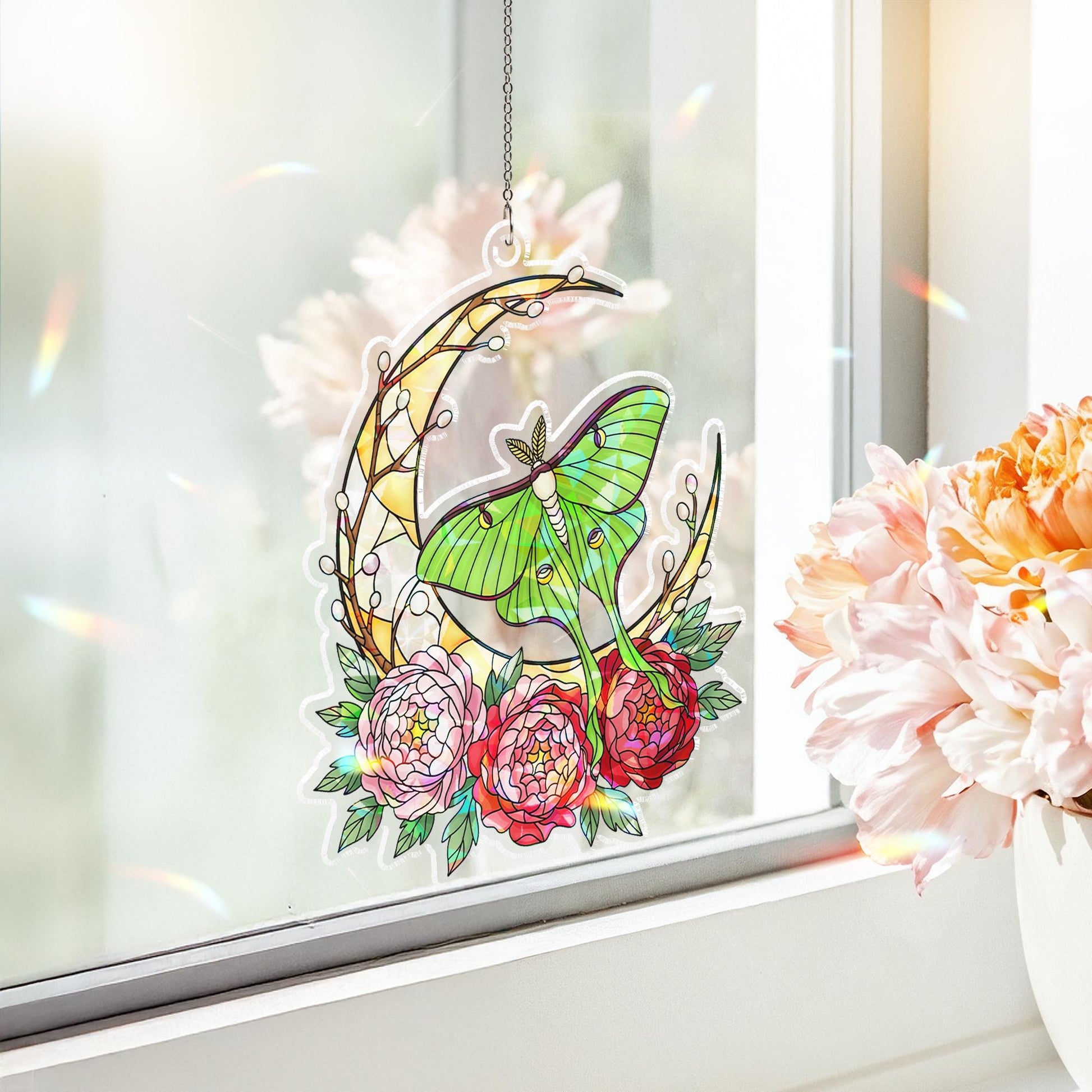 Holographic Luna Moth Suncatcher: Boho Stained Glass Style Window Hanging