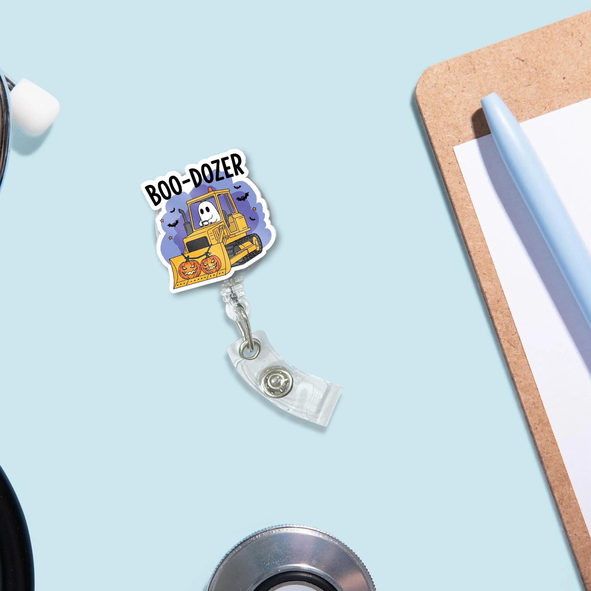 Boo Dozer Badge Reel: Halloween Ghost Bulldozer Retractable ID Holder