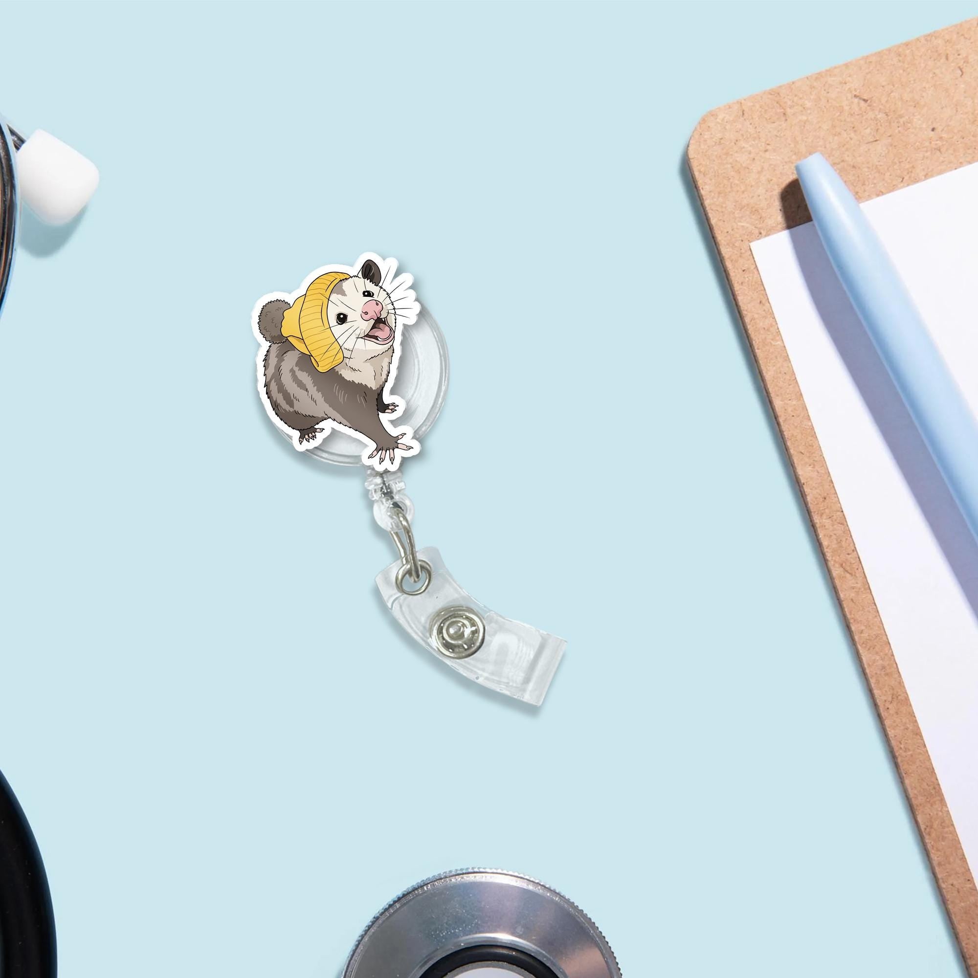 Cute Possum Badge Reel, Funny Opossum ID Holder, Animal Retractable Name Tag Clip, Quirky Work Accessory for Nurses & Teachers