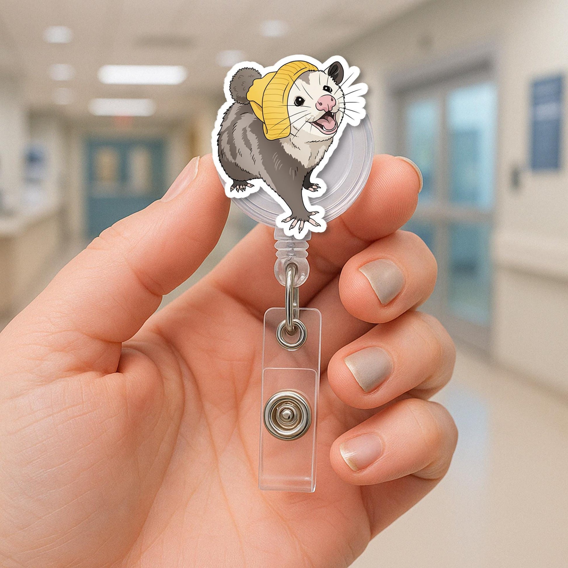 Cute Possum Badge Reel, Funny Opossum ID Holder, Animal Retractable Name Tag Clip, Quirky Work Accessory for Nurses & Teachers