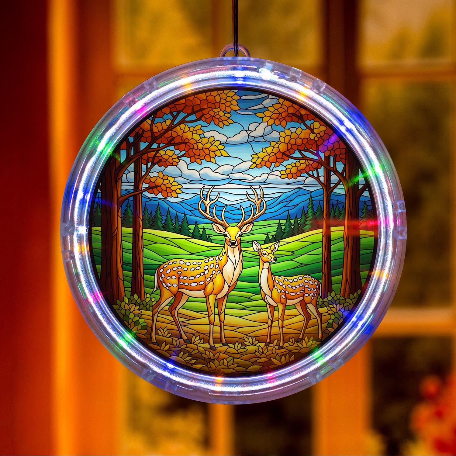 LED Deer Hanging Light, Illuminated Window Decor, Autumn Forest Wildlife Scene, Rustic Cabin Home Accent, Nature Gift, LED Suncatcher