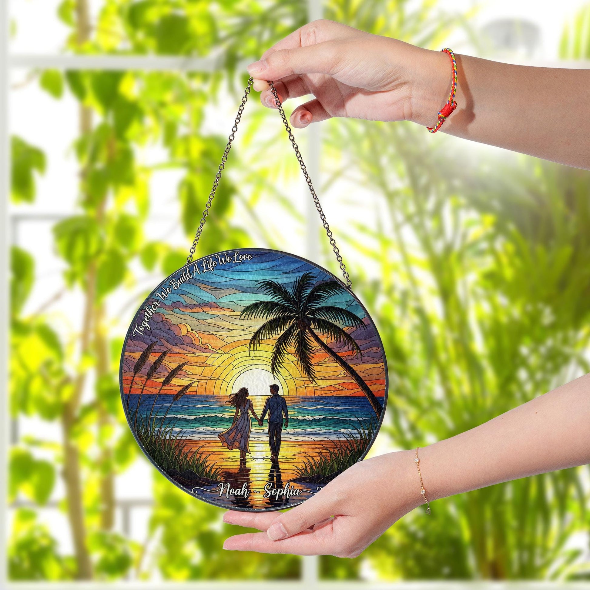 Romantic Sunset Beach Suncatcher, Stained Glass Effect Hanging Decor, Personalized Couple Gift, Anniversary Wedding Home Decoration