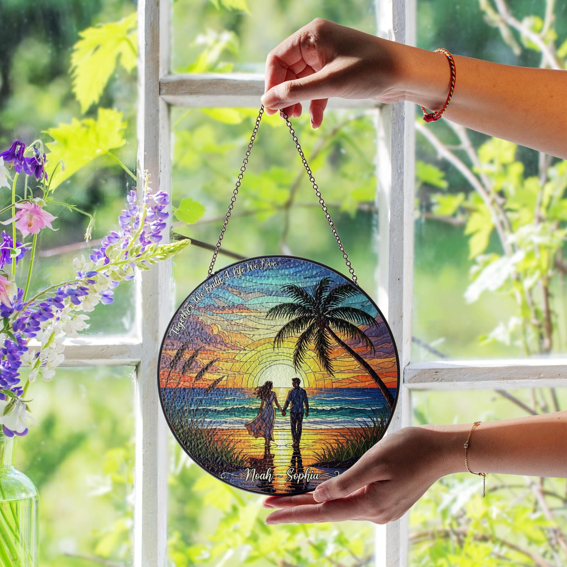 Romantic Sunset Beach Suncatcher, Stained Glass Effect Hanging Decor, Personalized Couple Gift, Anniversary Wedding Home Decoration