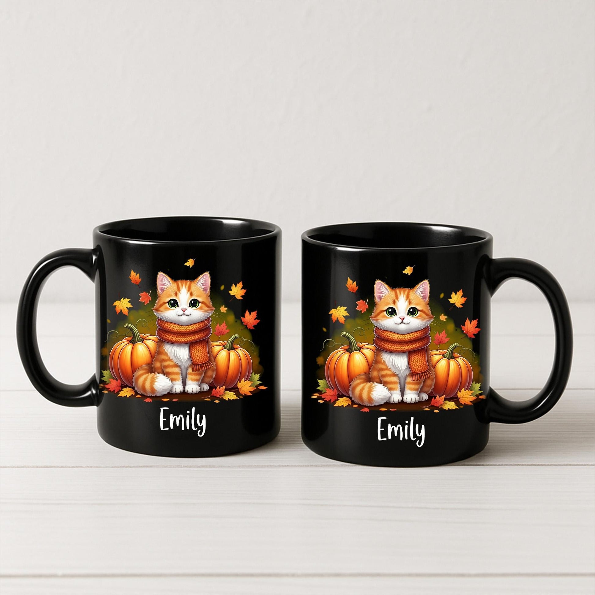 Personalized Fall Cat Mug, Cute Pumpkin Coffee Cup, Autumn Kitty Gift, Black Cat Lover Mug, Custom Name Cozy Seasonal Drinkware