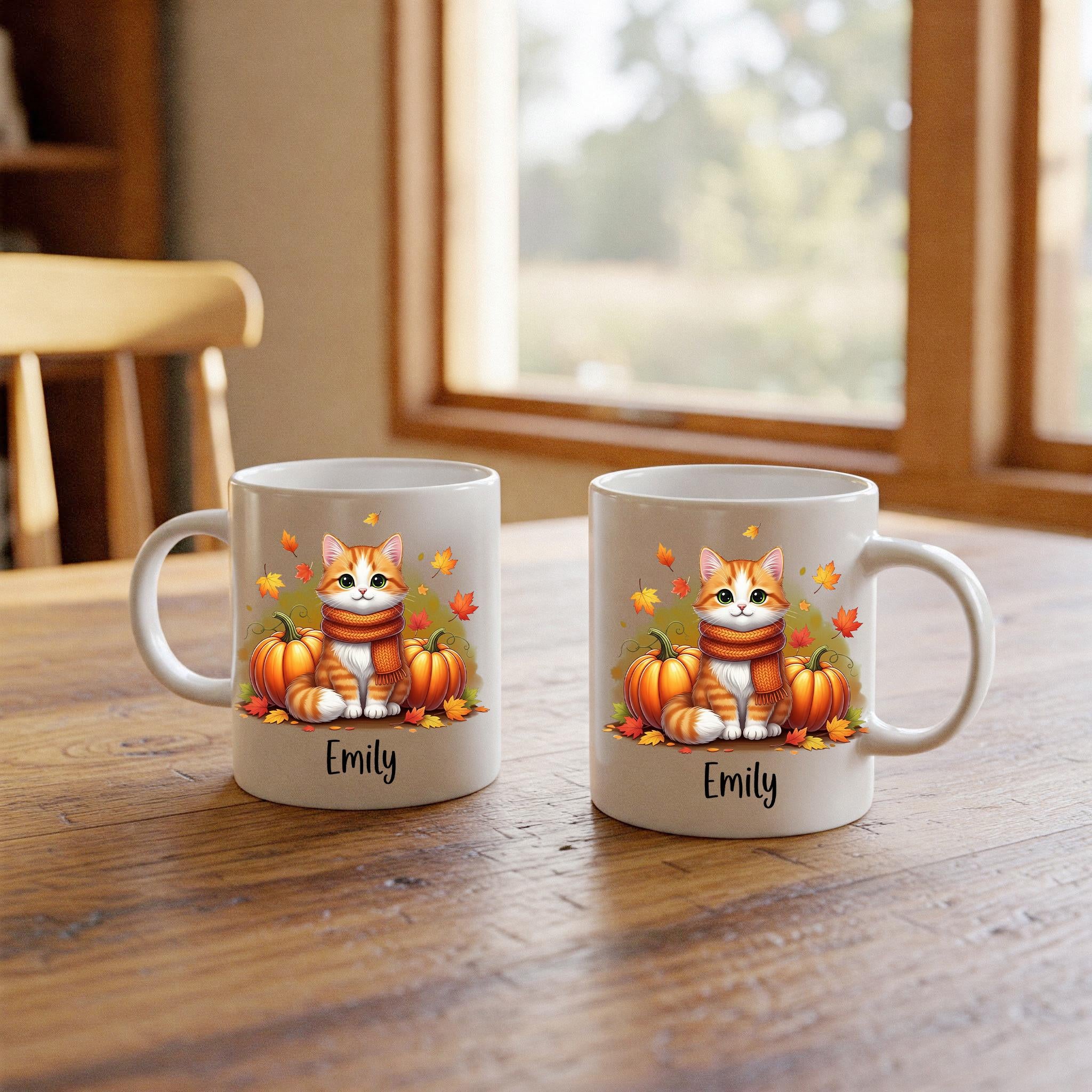 Personalized Fall Cat Mug, Cute Pumpkin Coffee Cup, Autumn Kitty Gift, Black Cat Lover Mug, Custom Name Cozy Seasonal Drinkware