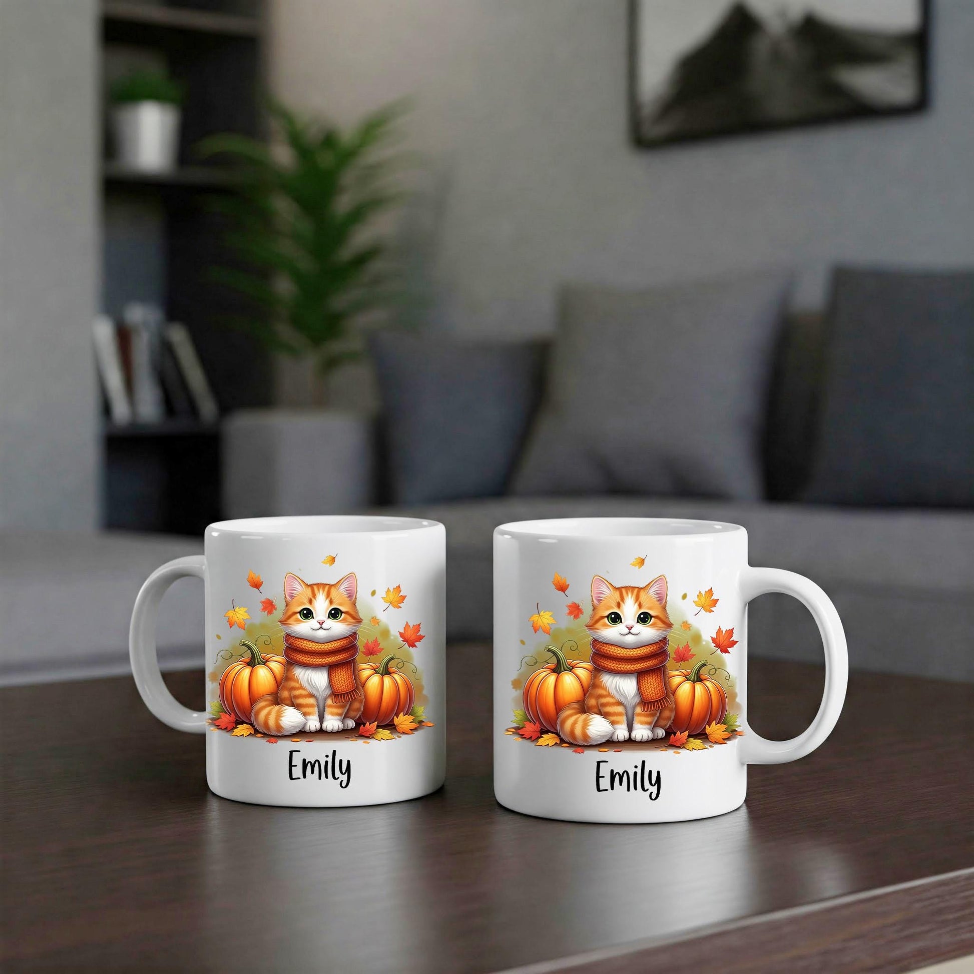 Personalized Fall Cat Mug, Cute Pumpkin Coffee Cup, Autumn Kitty Gift, Black Cat Lover Mug, Custom Name Cozy Seasonal Drinkware