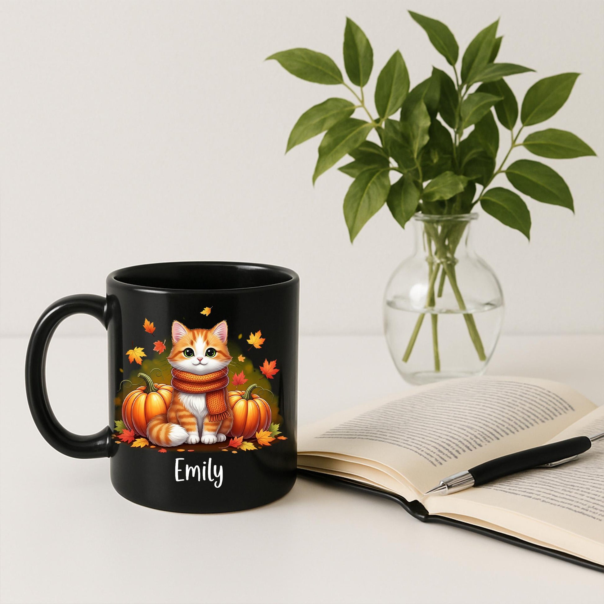 Personalized Fall Cat Mug, Cute Pumpkin Coffee Cup, Autumn Kitty Gift, Black Cat Lover Mug, Custom Name Cozy Seasonal Drinkware