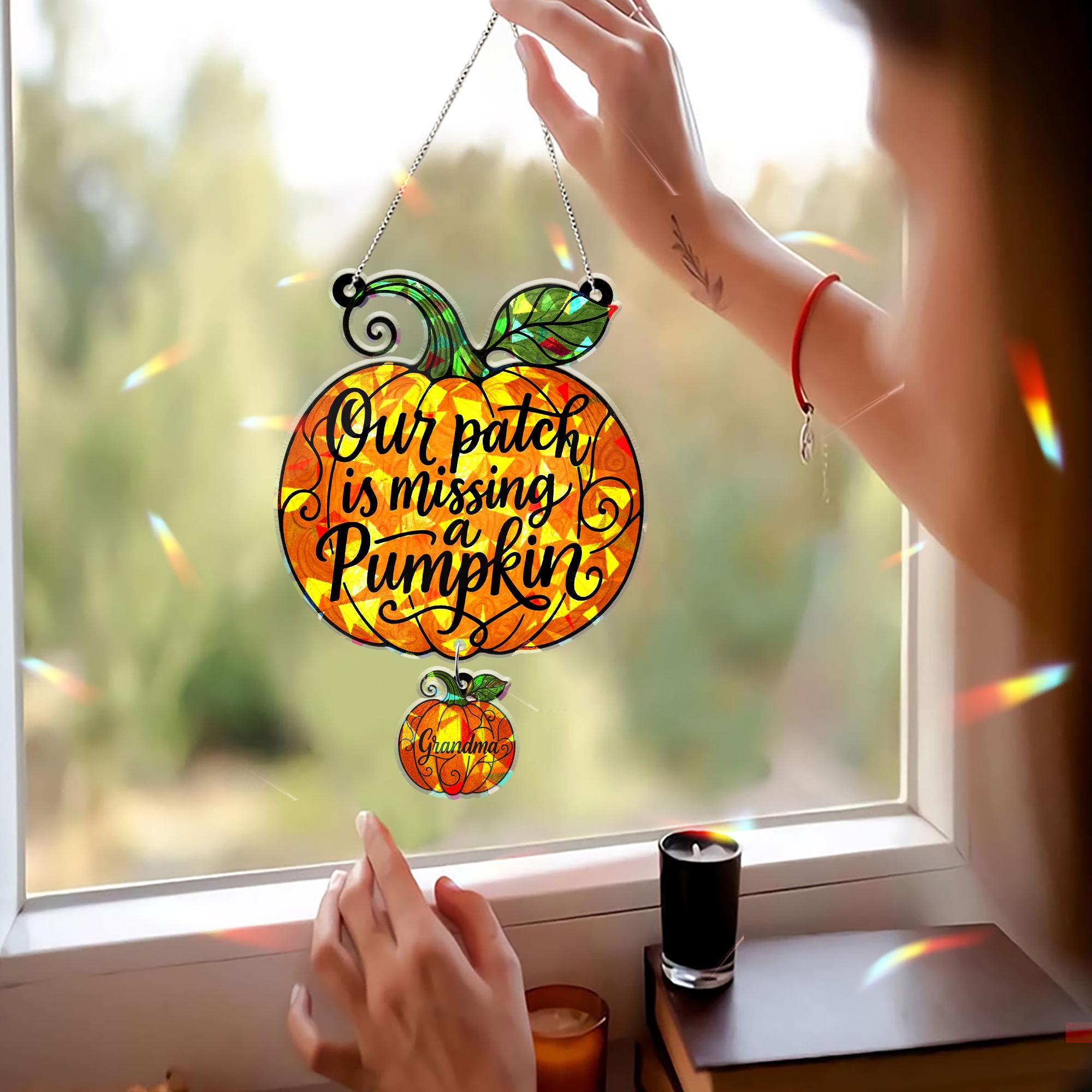 Grandma Memorial Pumpkin Suncatcher - Custom Holographic Acrylic Window Hanging, Our Patch Is Missing a Pumpkin Keepsake Gift