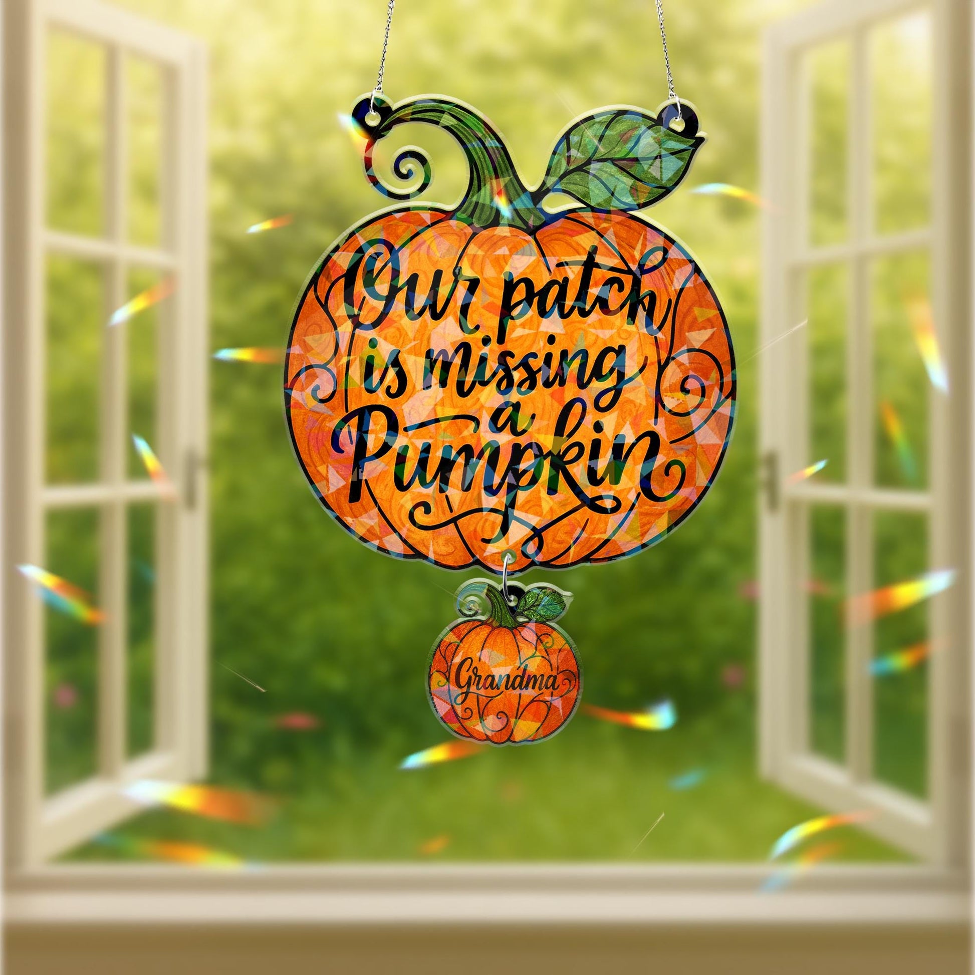 Grandma Memorial Pumpkin Suncatcher - Custom Holographic Acrylic Window Hanging, Our Patch Is Missing a Pumpkin Keepsake Gift