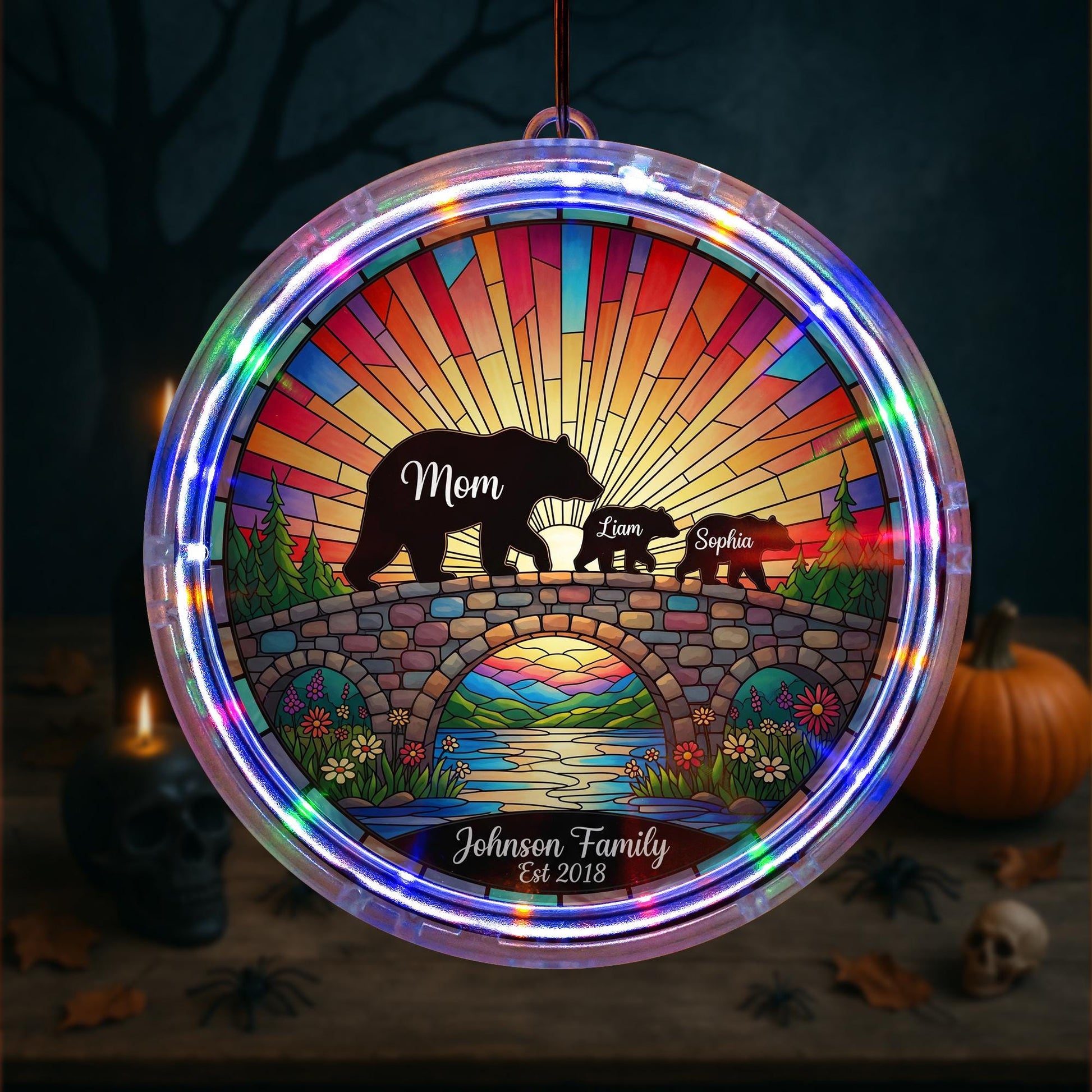 Personalized Bear Family LED Hanging Light, Custom Animal Wall Decor, Stained Glass Style Sun Catcher, Rustic Woodland Home Gift