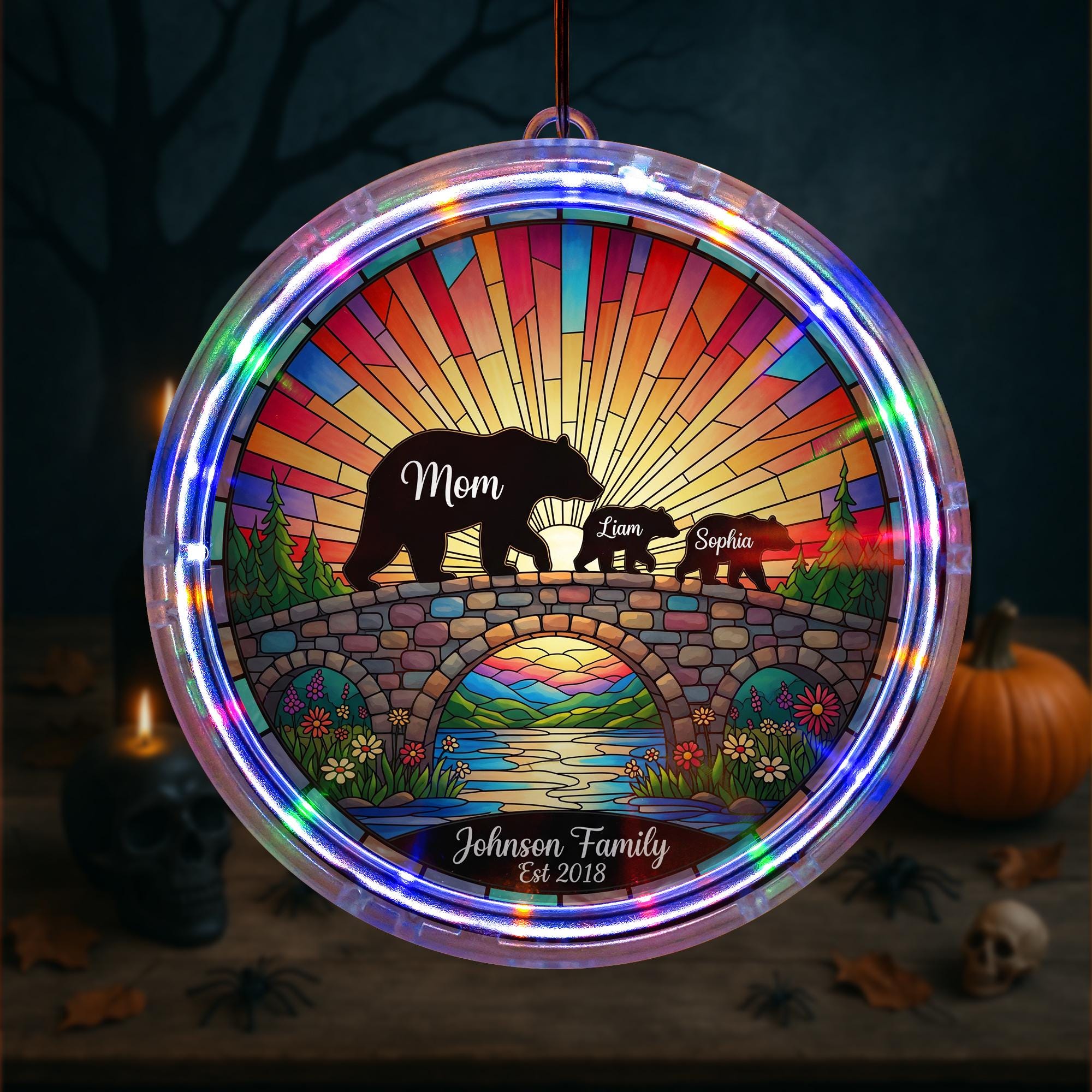 Personalized Bear Family LED Hanging Light, Custom Animal Wall Decor, Stained Glass Style Sun Catcher, Rustic Woodland Home Gift