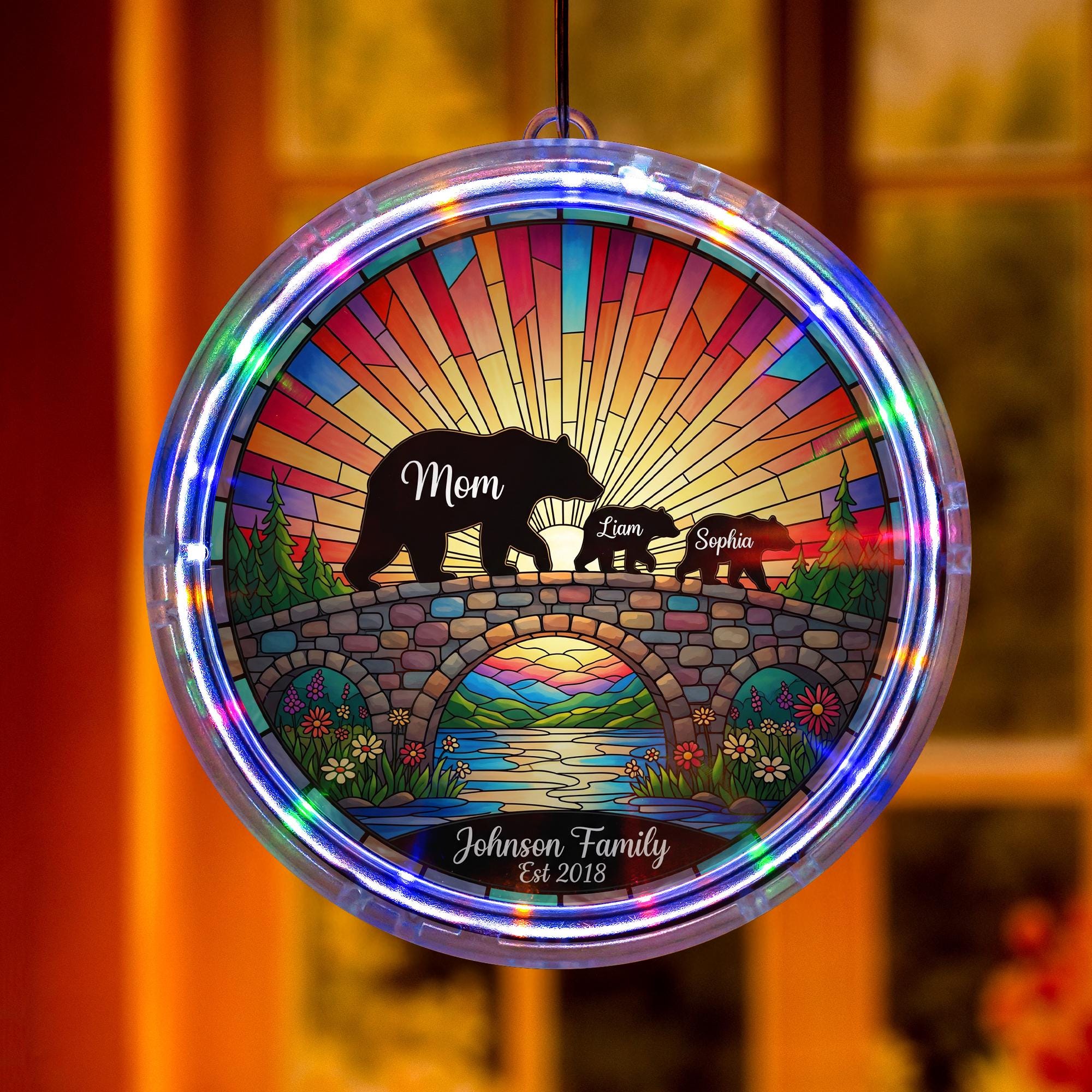 Personalized Bear Family LED Hanging Light, Custom Animal Wall Decor, Stained Glass Style Sun Catcher, Rustic Woodland Home Gift
