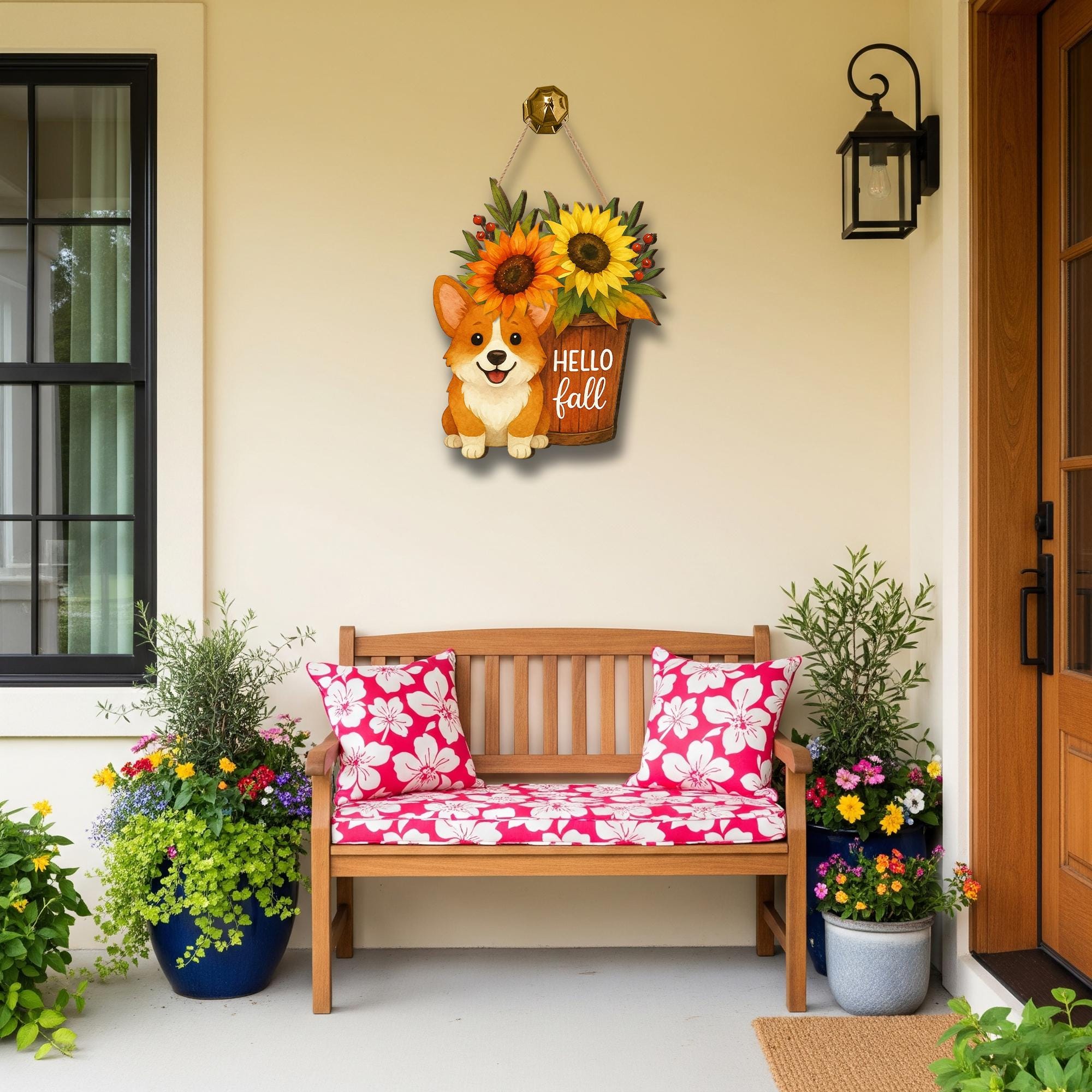 Hello Fall Corgi Door Hanger, Fall Sunflower Porch Sign, Rustic Autumn Front Door Decoration, Dog Lover Farmhouse Wall Hanging Decor