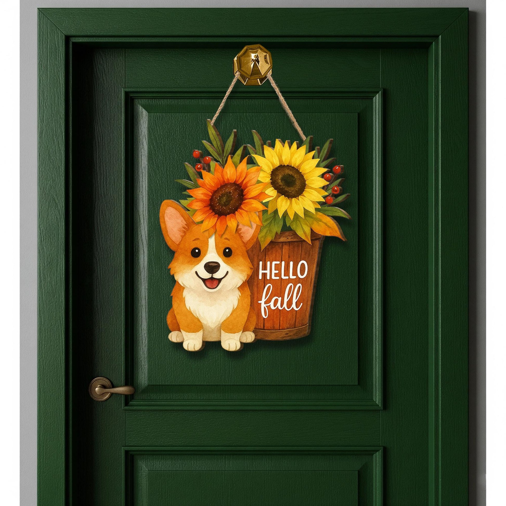 Hello Fall Corgi Door Hanger, Fall Sunflower Porch Sign, Rustic Autumn Front Door Decoration, Dog Lover Farmhouse Wall Hanging Decor
