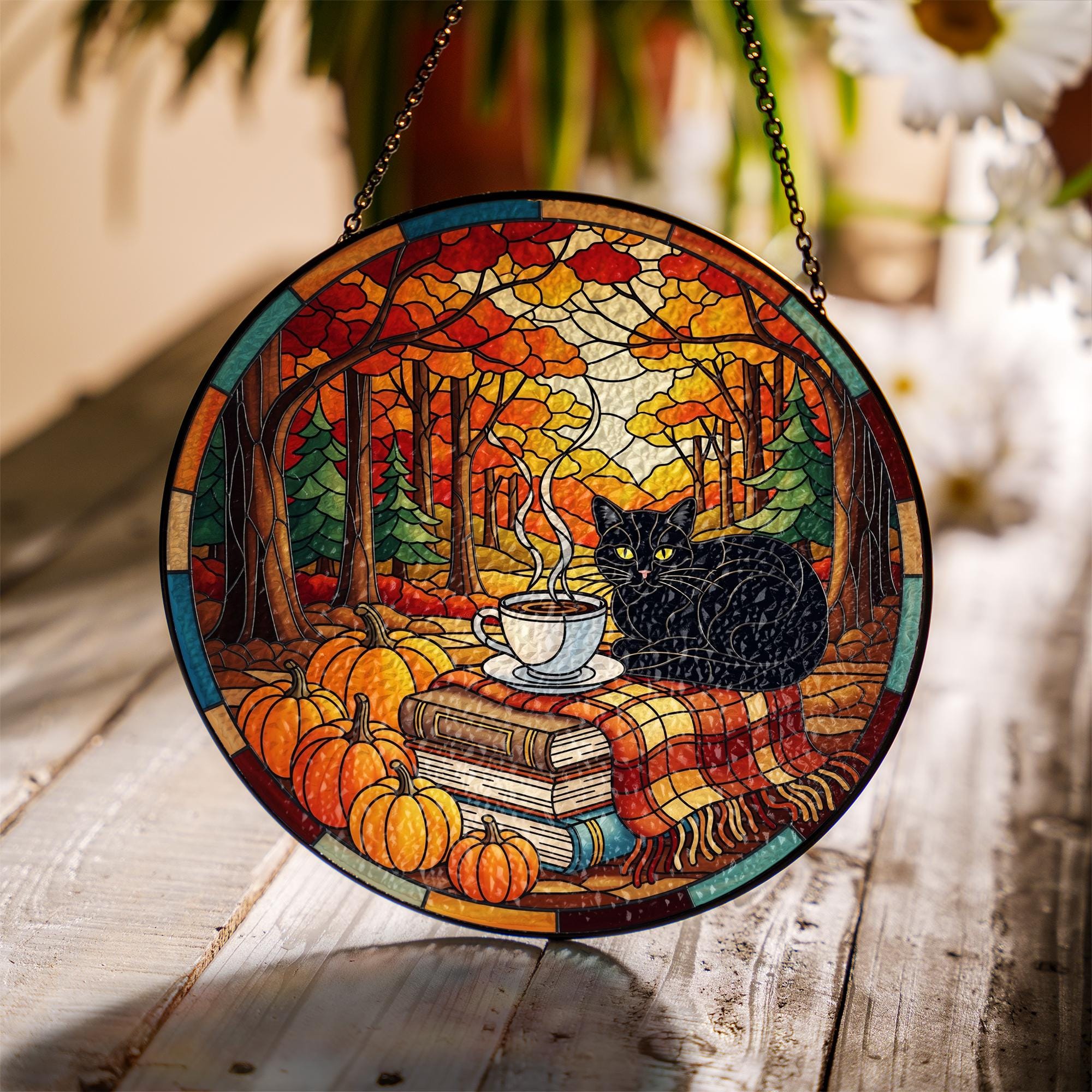 Black Cat Suncatcher: Autumn Pumpkin Window Hanging, Glass Decor