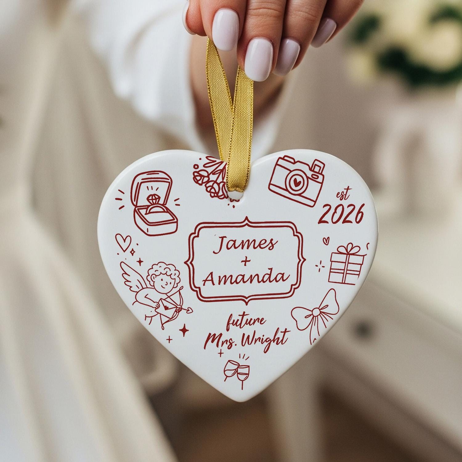 Custom Wedding Ceramic Ornament | Personalized Engagement Gift for Bride to Be